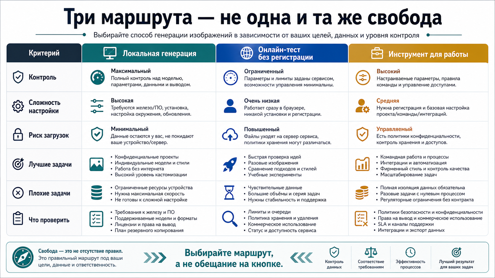 Матрица сравнения локальной генерации, онлайн-теста без регистрации и рабочих инструментов