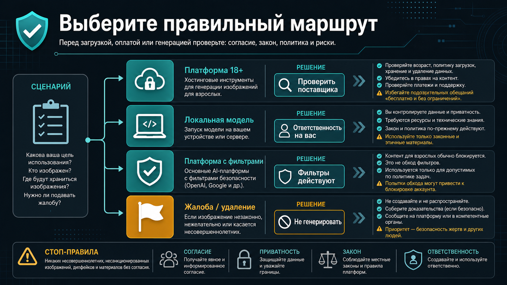 Дерево выбора маршрута между одноразовым тестом, приватной локальной работой, платным сервисом, API с фильтрами и стоп-сценариями.