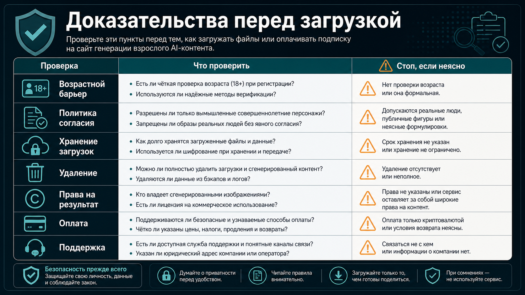 Матрица проверки сервиса перед загрузкой: возраст, согласие, хранение, удаление, права, платежи и поддержка.