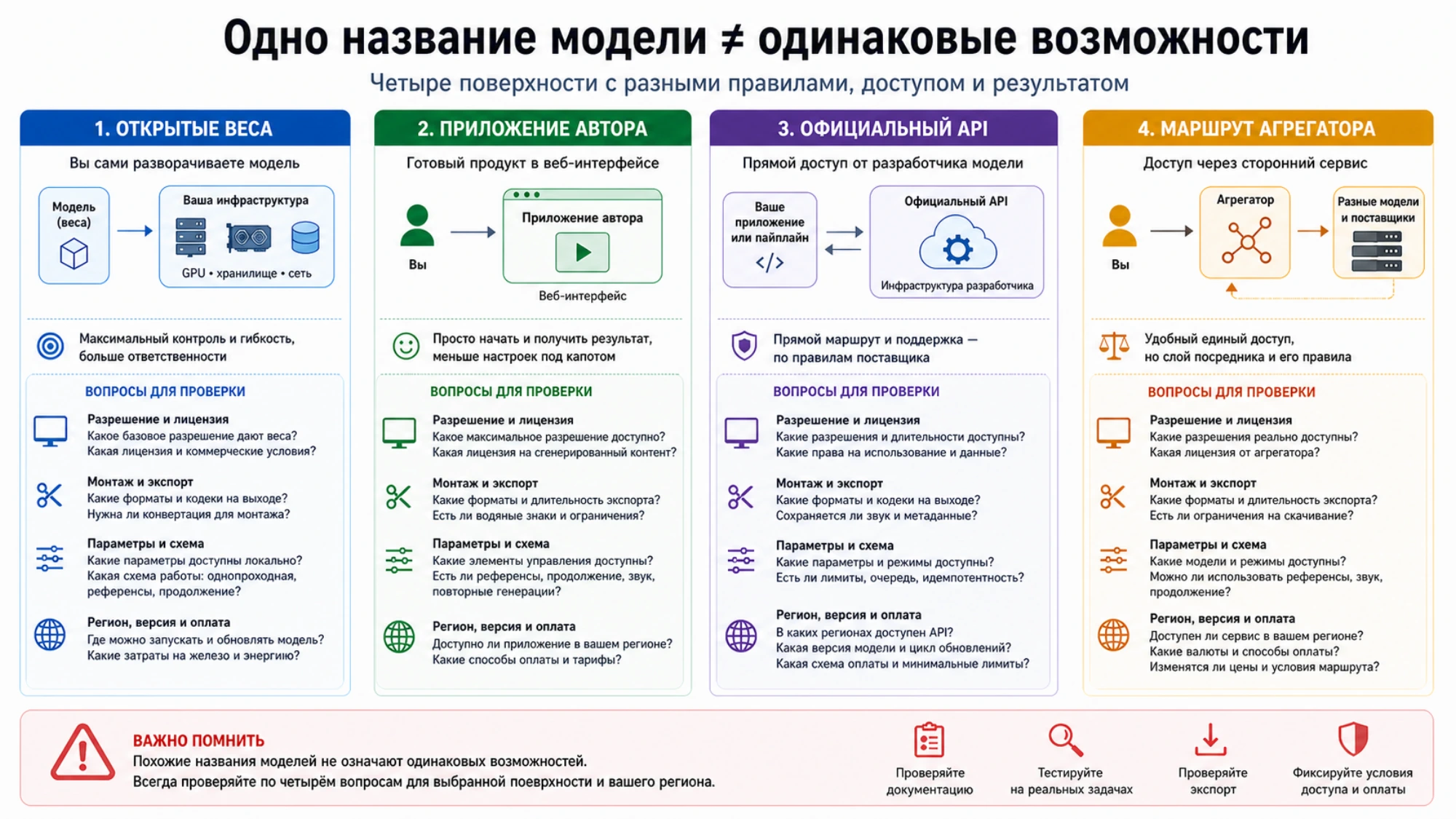 Четыре разные поверхности одной видеомодели: открытые веса, приложение автора, официальный API и маршрут агрегатора