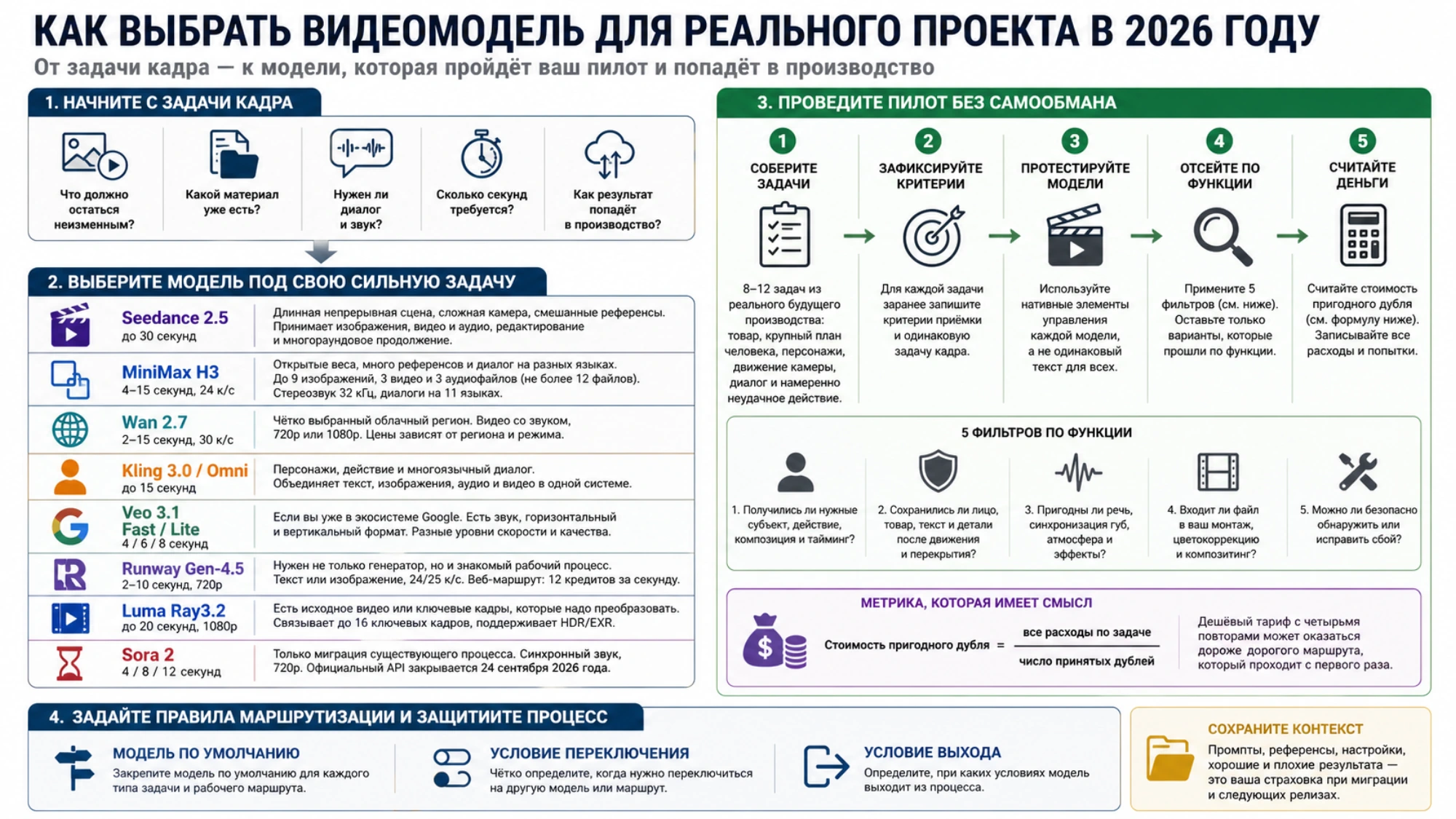 Схема выбора видеомодели: от задачи кадра и сильной стороны модели к функциональному пилоту и стоимости пригодного дубля