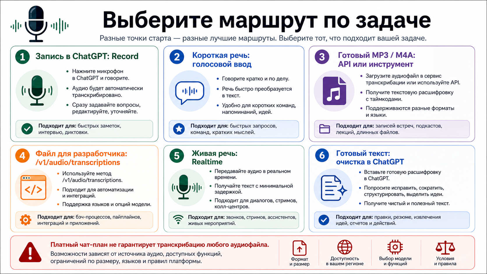 Доска решений, разделяющая Record, голосовой ввод, готовые аудиофайлы, API-задачи, live speech и обработку transcript.