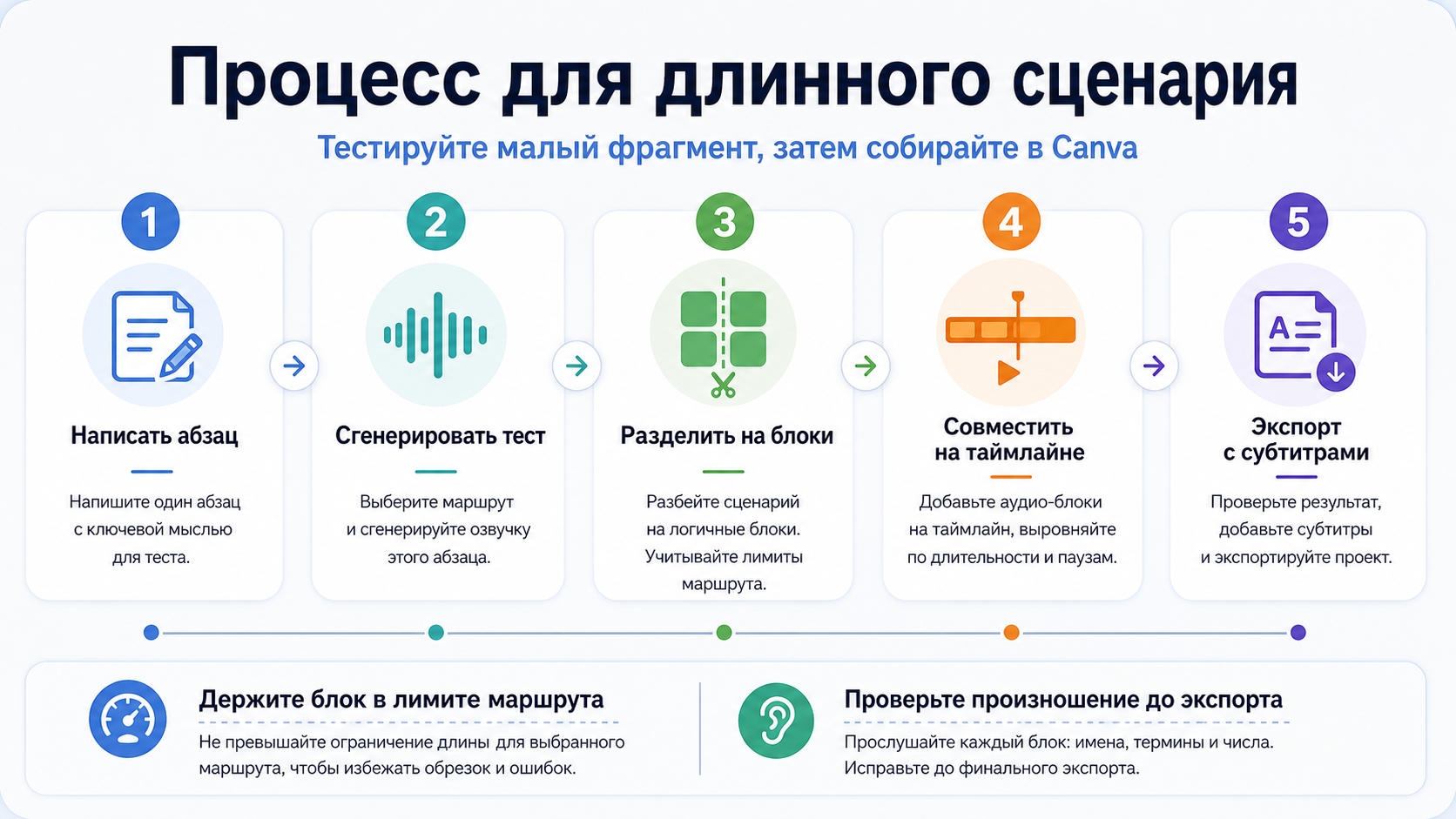 Процесс длинного сценария: тестовый абзац, блоки сценария, таймлайн, субтитры и экспорт.