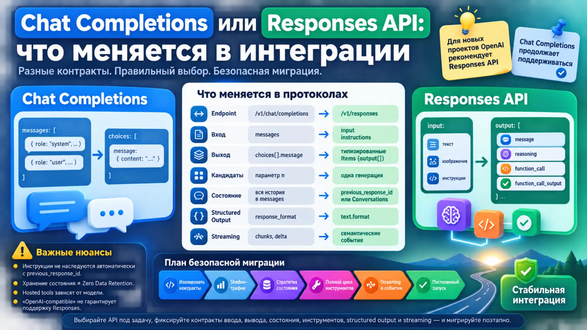 Сравнение контрактов Chat Completions и Responses API для ввода, вывода, состояния, инструментов, structured output и streaming