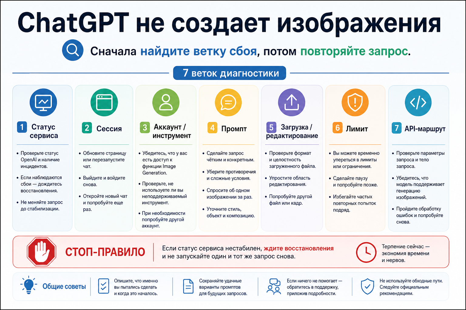 Карта диагностики, где сбой генерации изображений в ChatGPT разделен на статус, сессию, аккаунт, prompt, загрузку, лимит и API