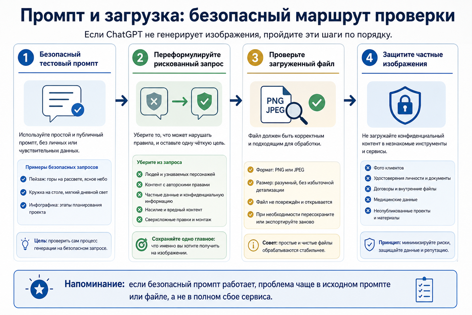 Путь проверки prompt и upload: безопасный prompt, policy rewrite, проверка файла и защита private image