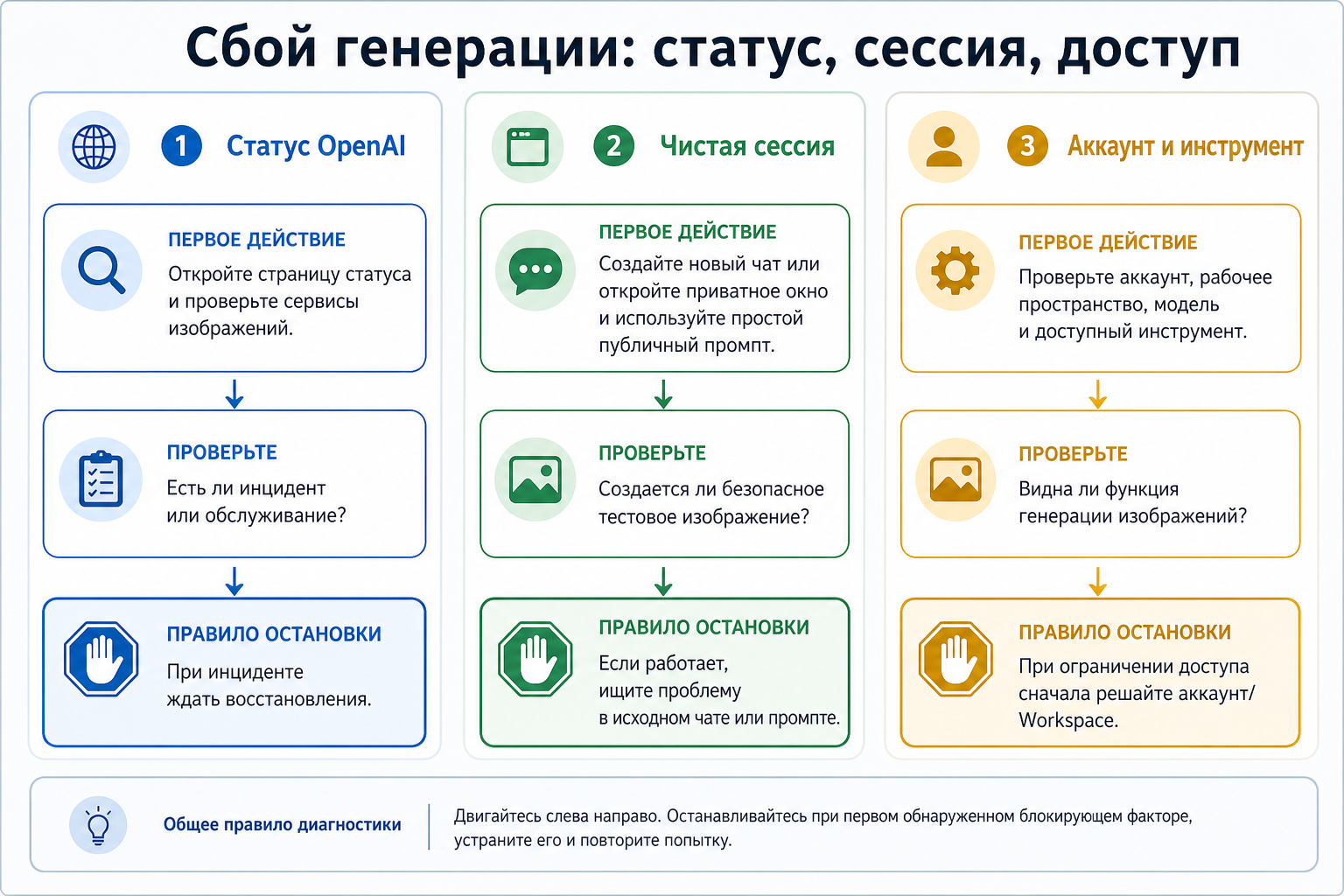 Три ветки проверки: статус OpenAI, чистая сессия и доступ аккаунта или инструмента