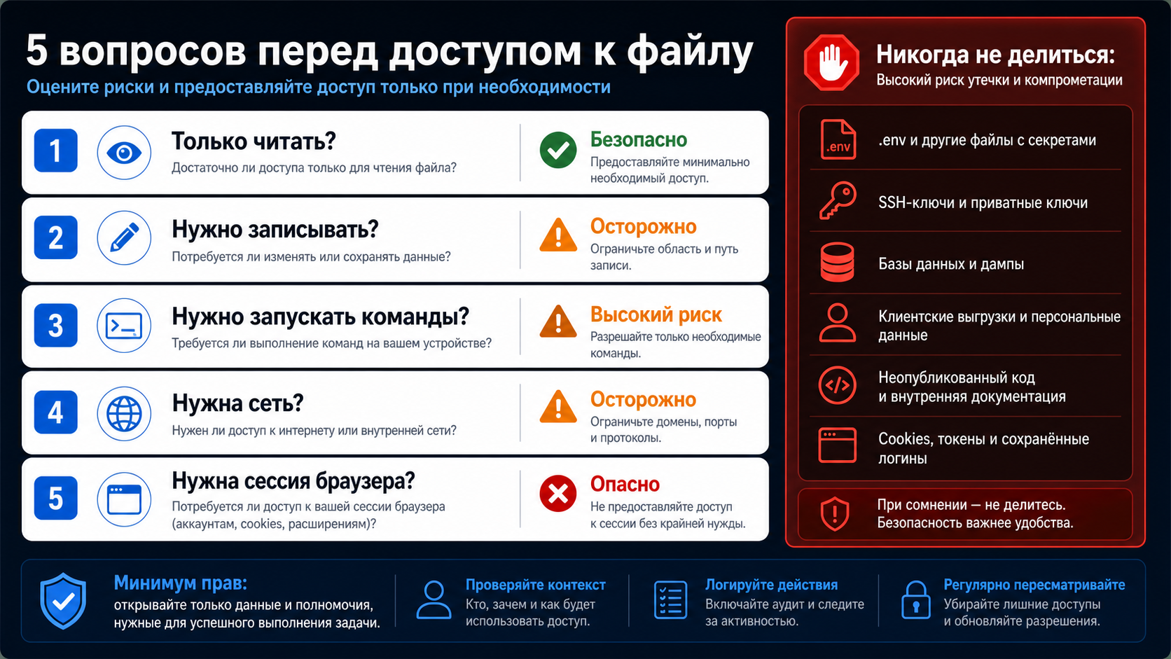 Русский чек-лист минимальных прав перед передачей локального файла агенту: чтение, запись, команды, сеть, браузерная сессия и чувствительные данные.