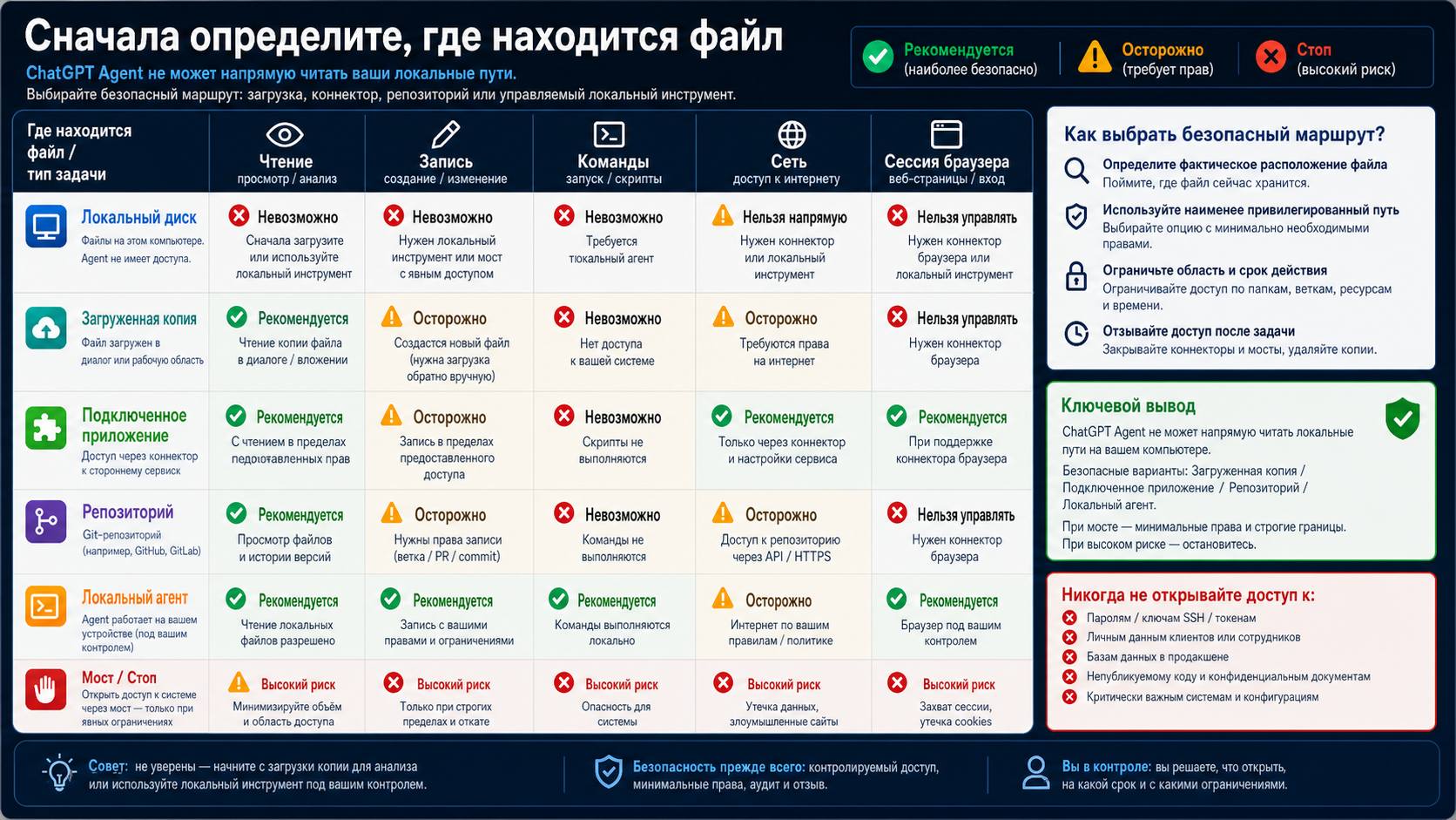 Русская матрица маршрутов для локальных файлов: загруженная копия, подключенное приложение, репозиторий, локальный агент, мост или остановка.