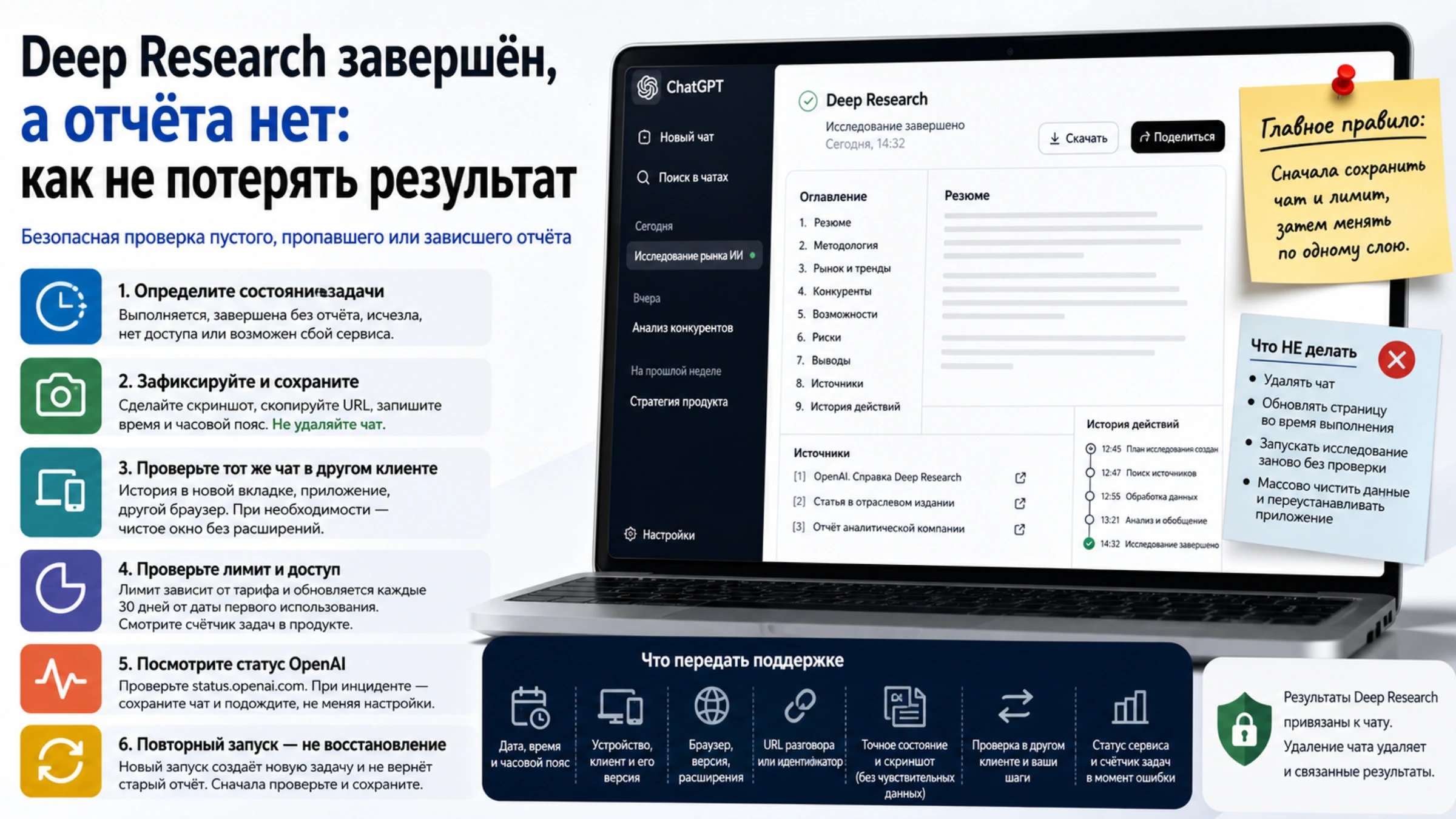 Русская памятка для завершённого Deep Research без отчёта: сохранить чат, проверить состояние, другой клиент, лимит и статус перед повторным запуском