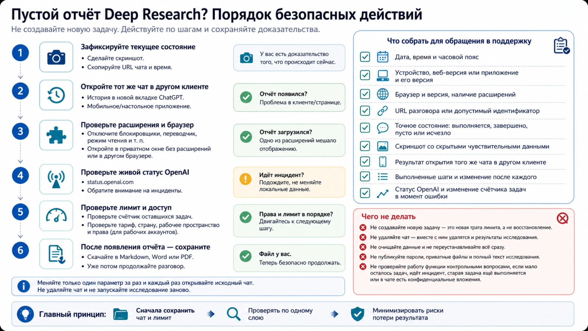 Порядок безопасных действий при пустом отчёте: зафиксировать состояние, открыть тот же чат в другом клиенте, проверить расширения, статус и доступ, затем сохранить появившийся файл и подготовить данные для поддержки