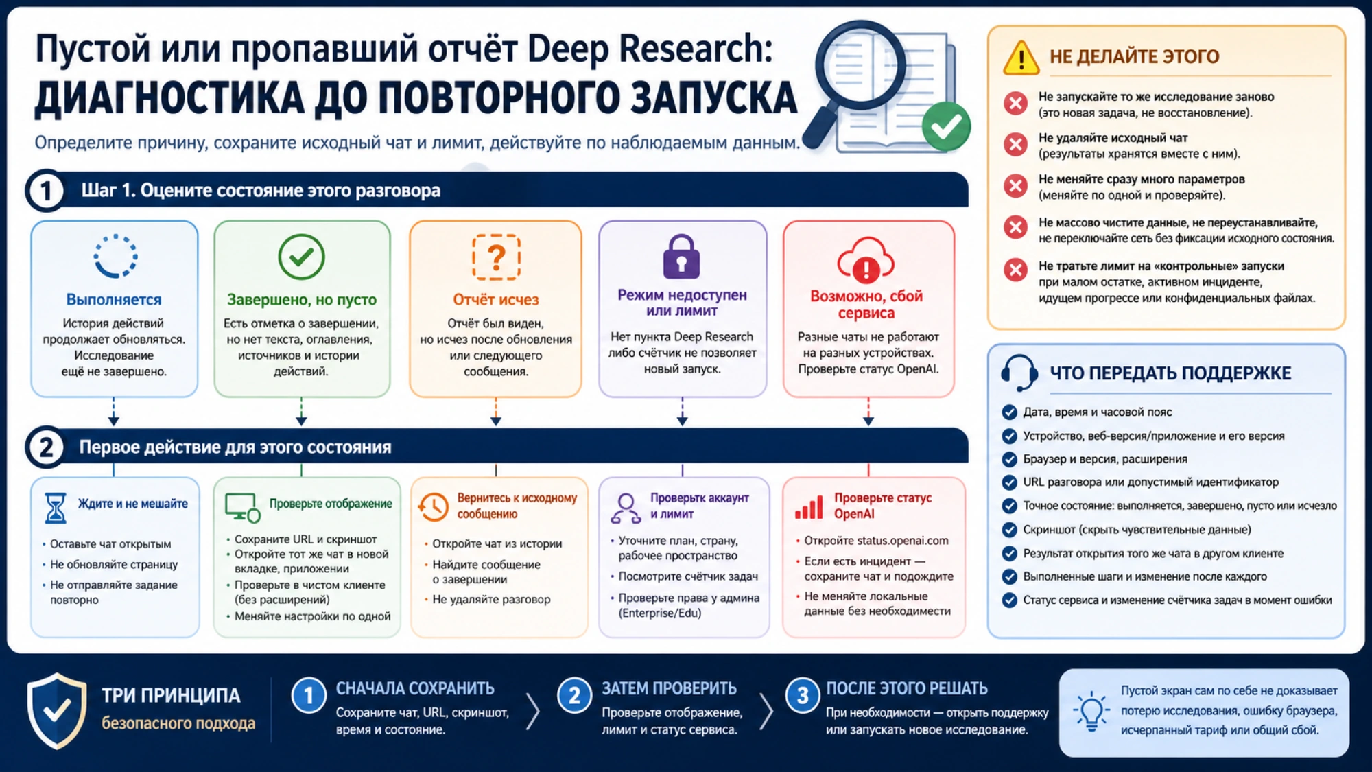 Карта диагностики пяти состояний Deep Research до повторного запуска: выполняется, завершено без отчёта, отчёт исчез, режим или лимит недоступен, возможен сбой сервиса
