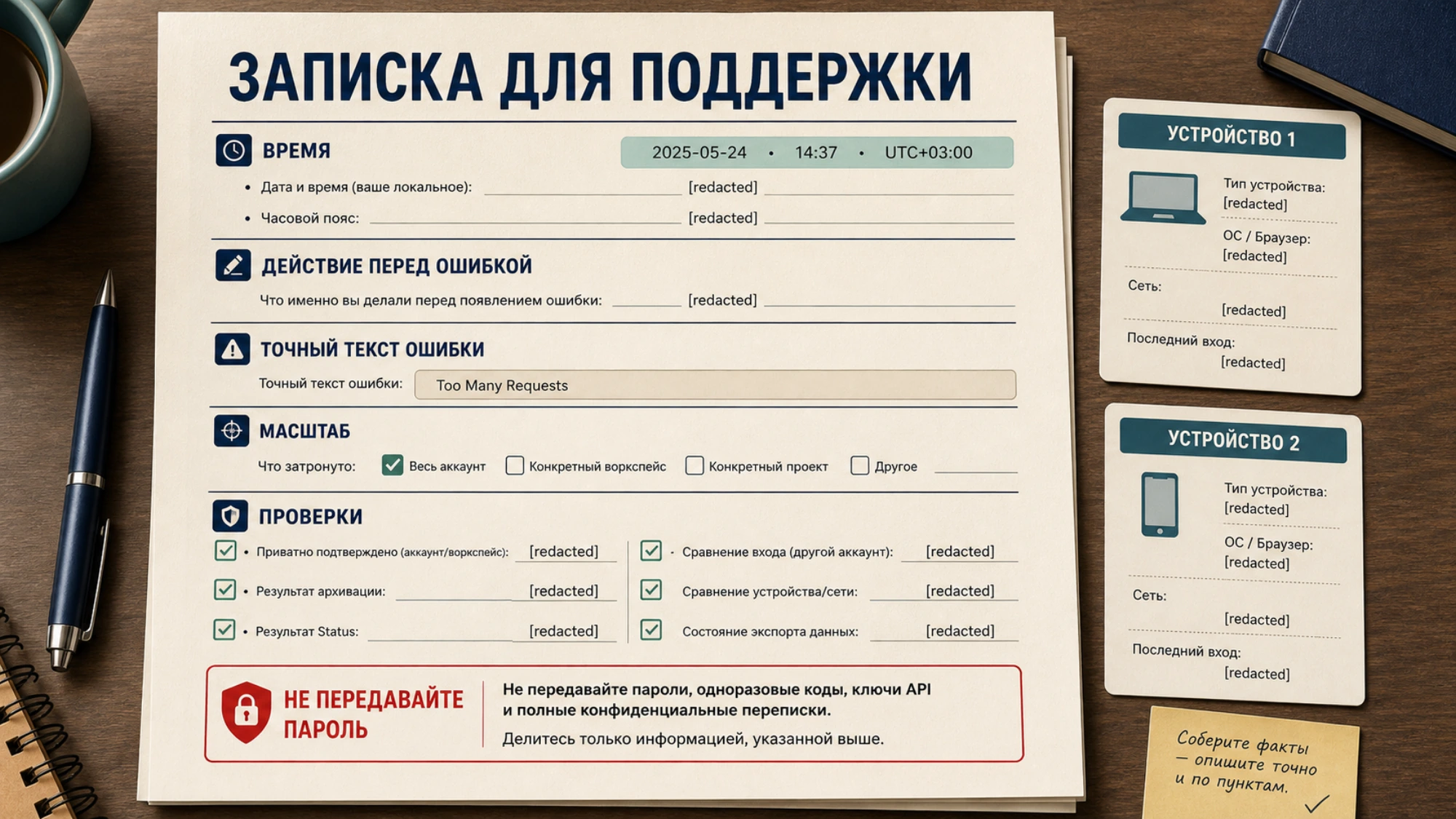 Обезличенная записка для поддержки с временем, масштабом сбоя, сравнением устройств и результатами проверок.