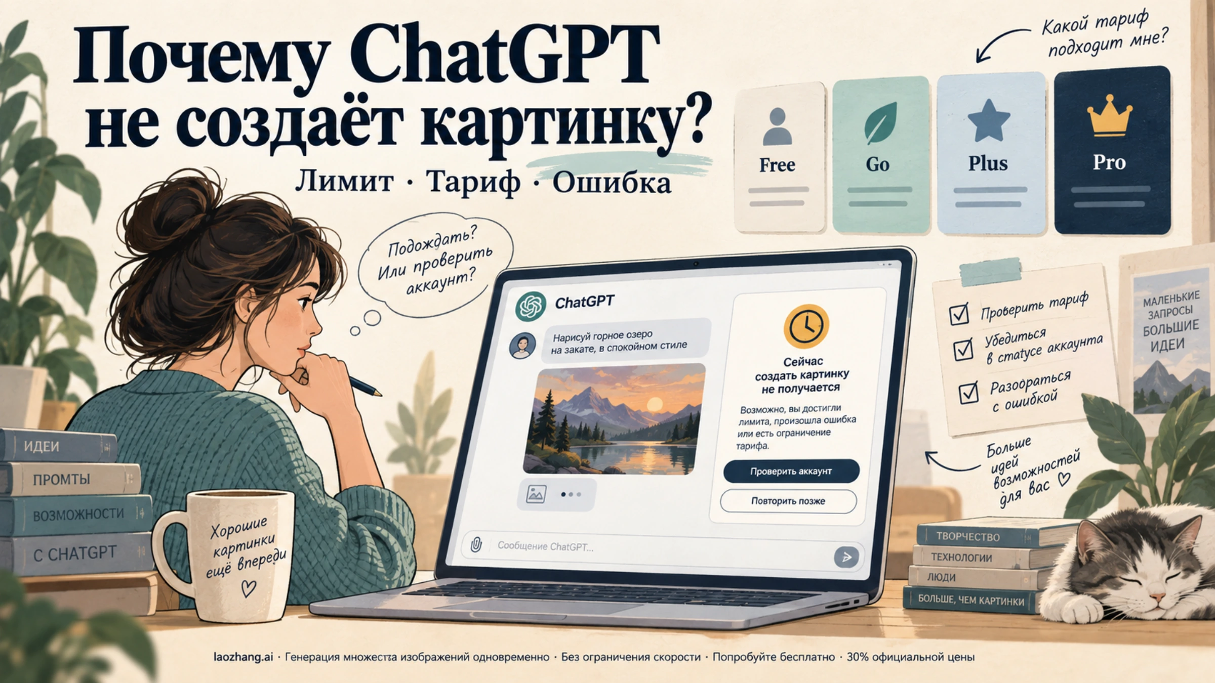 Пользователь перед ноутбуком с иллюстрацией генерации изображения, уведомлением и карточками тарифов