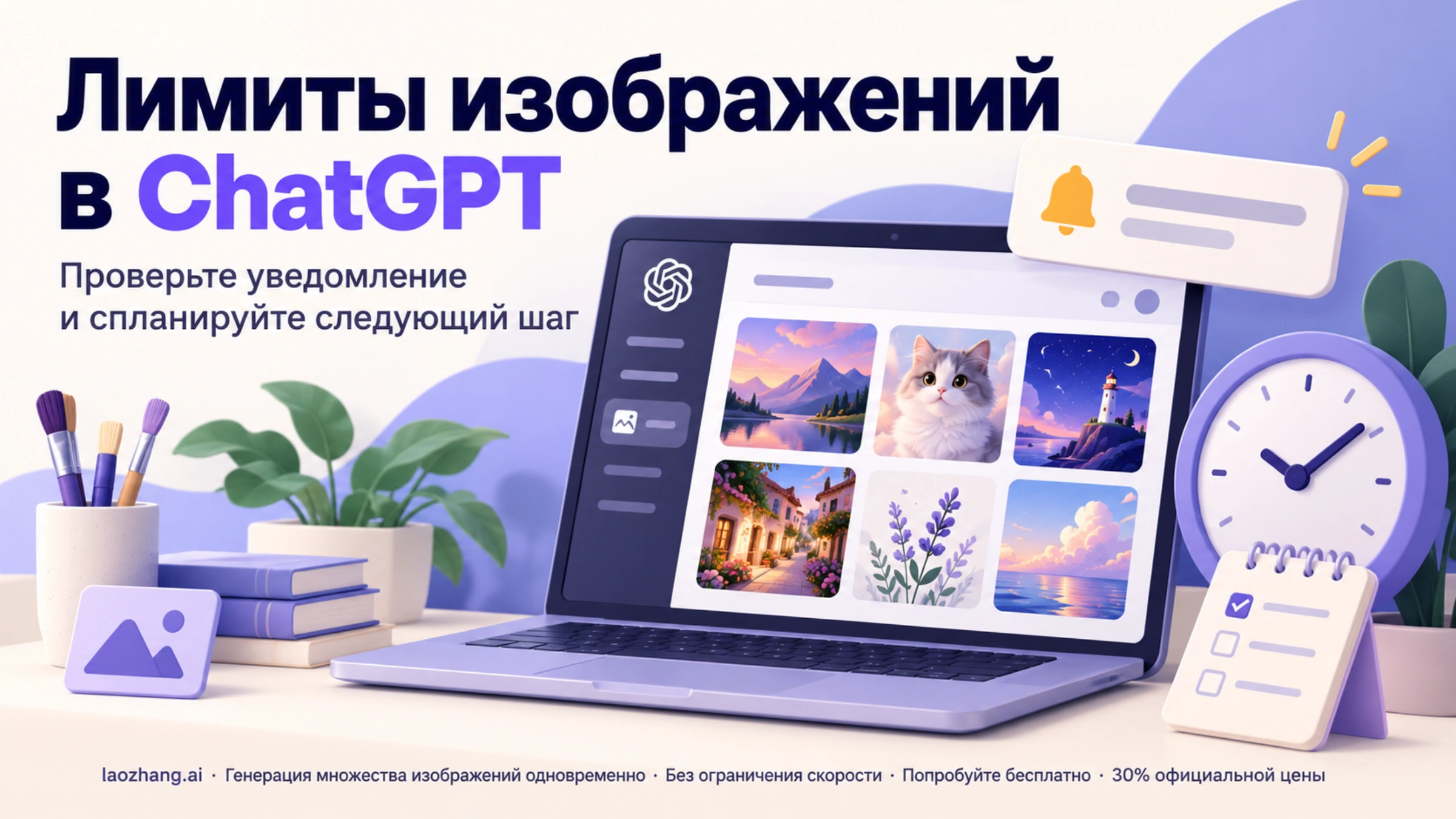 Иллюстрация генерации изображений в ChatGPT с уведомлением и часами