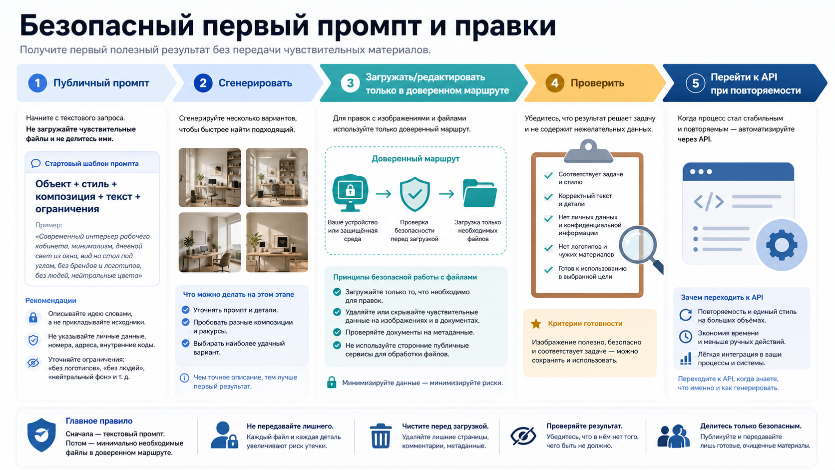 Безопасный рабочий процесс: публичный промпт, генерация, правка, проверка и переход к API только при необходимости