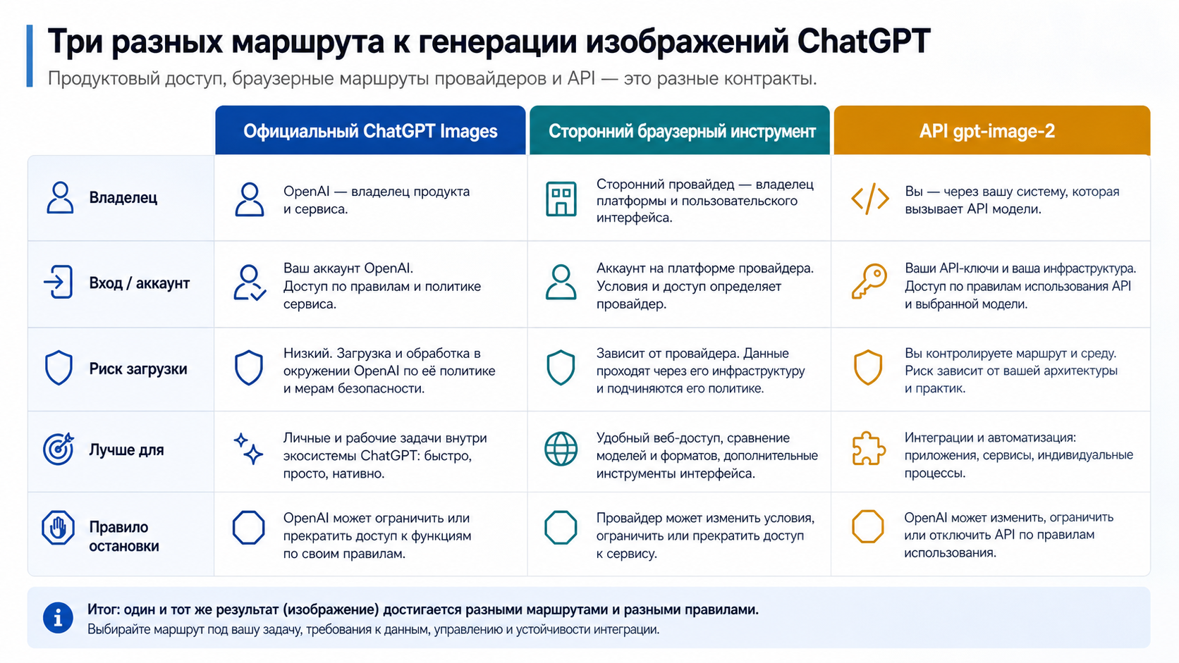Таблица различий между официальным ChatGPT Images, сторонними браузерными инструментами и gpt-image-2 API