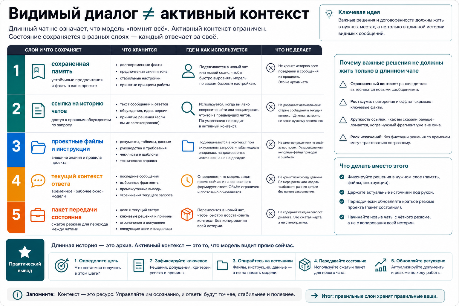 Схема слоев, разделяющая сохраненную память, историю чатов, проекты, активный контекст и пакет передачи состояния.