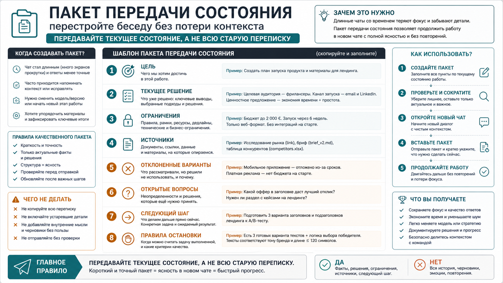 Чеклист пакета передачи состояния с целью, текущим решением, ограничениями, источниками, отклоненными вариантами, открытыми вопросами, следующим шагом и правилами остановки.