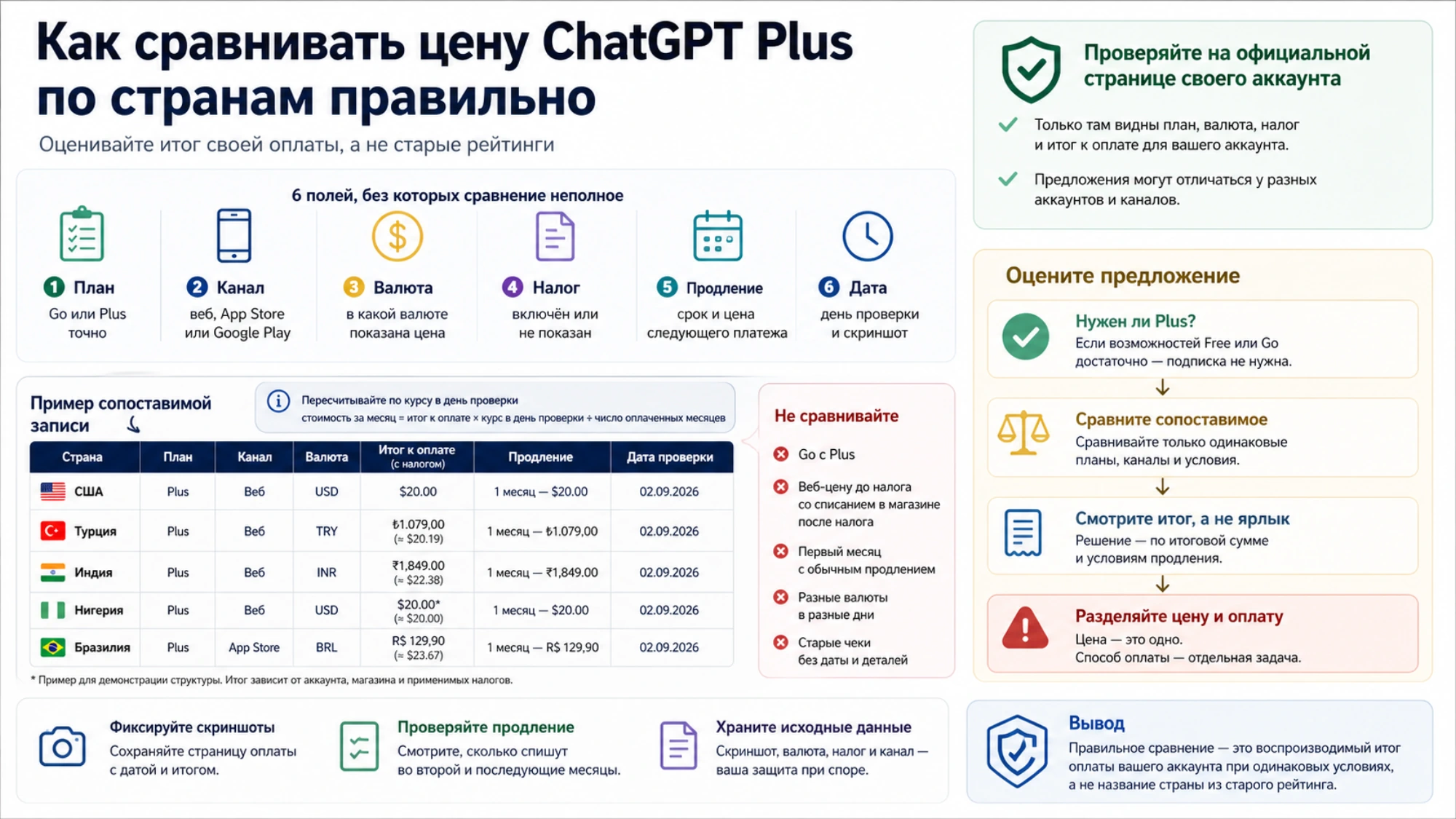 Правильное сравнение цены ChatGPT Plus по шести полям, итоговой сумме и условиям продления