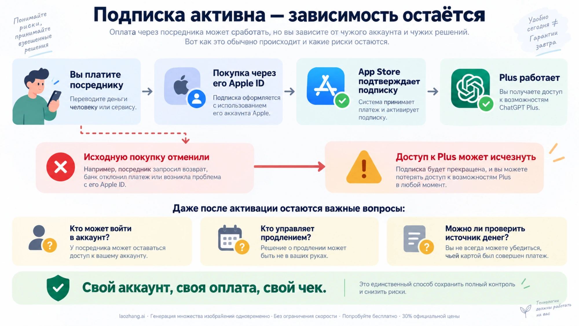 После активации Plus остаются риски отмены исходной покупки и зависимости от чужого Apple ID