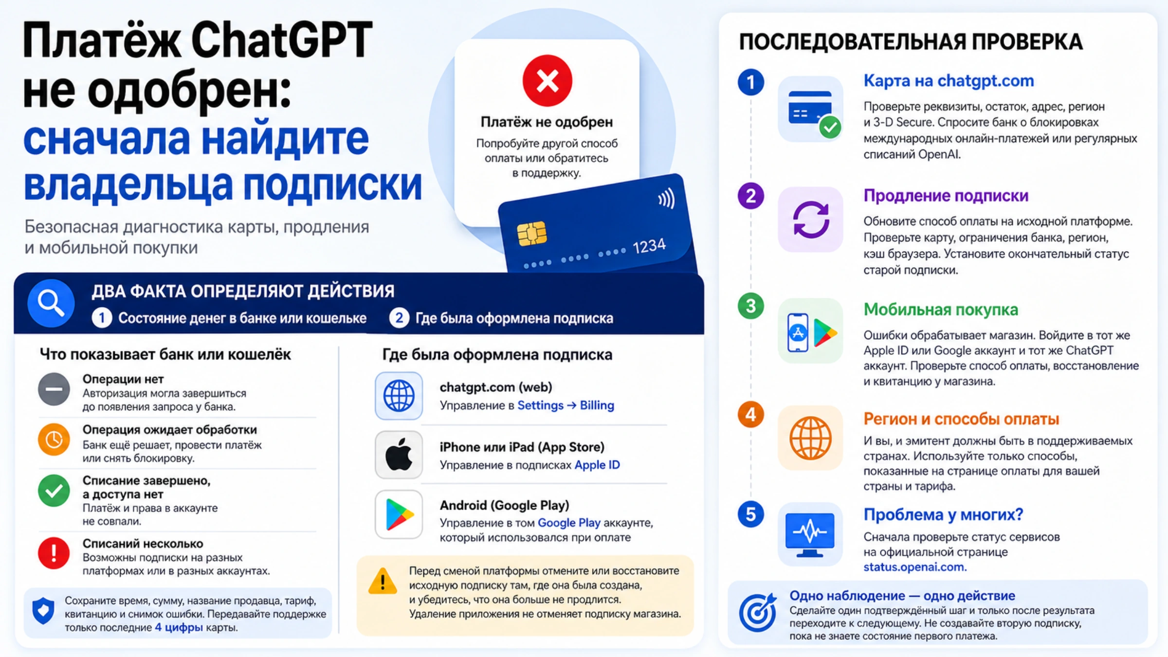 Диагностика отклонённого платежа ChatGPT по состоянию операции, платформе подписки и ответственному банку или магазину