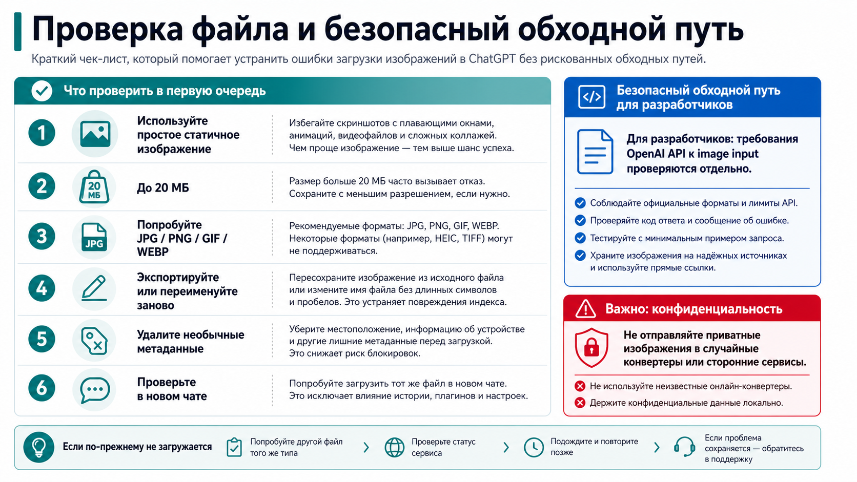 Проверка файла для ChatGPT: формат, размер, имя, metadata, приватность и граница API-маршрута.