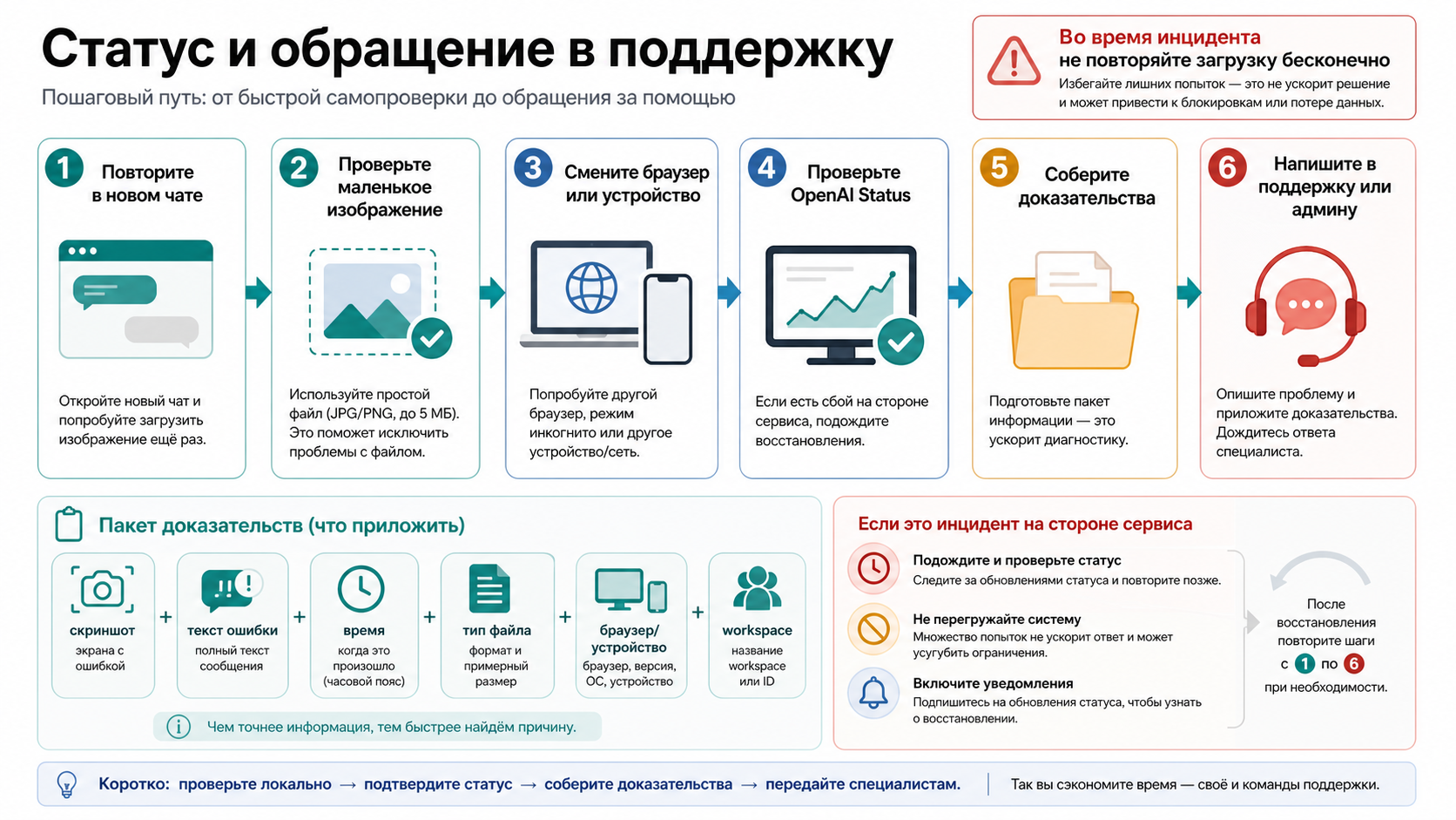 Поток проверки статуса и поддержки: воспроизвести, проверить OpenAI Status, собрать доказательства, передать в support или администратору.