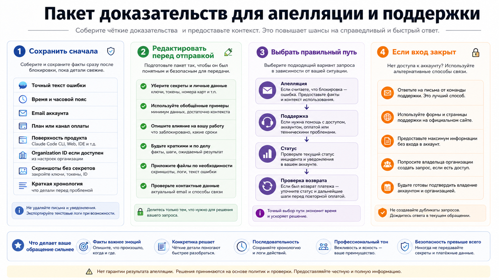 Пакет доказательств для appeal и support Claude Code: что сохранить и что скрыть