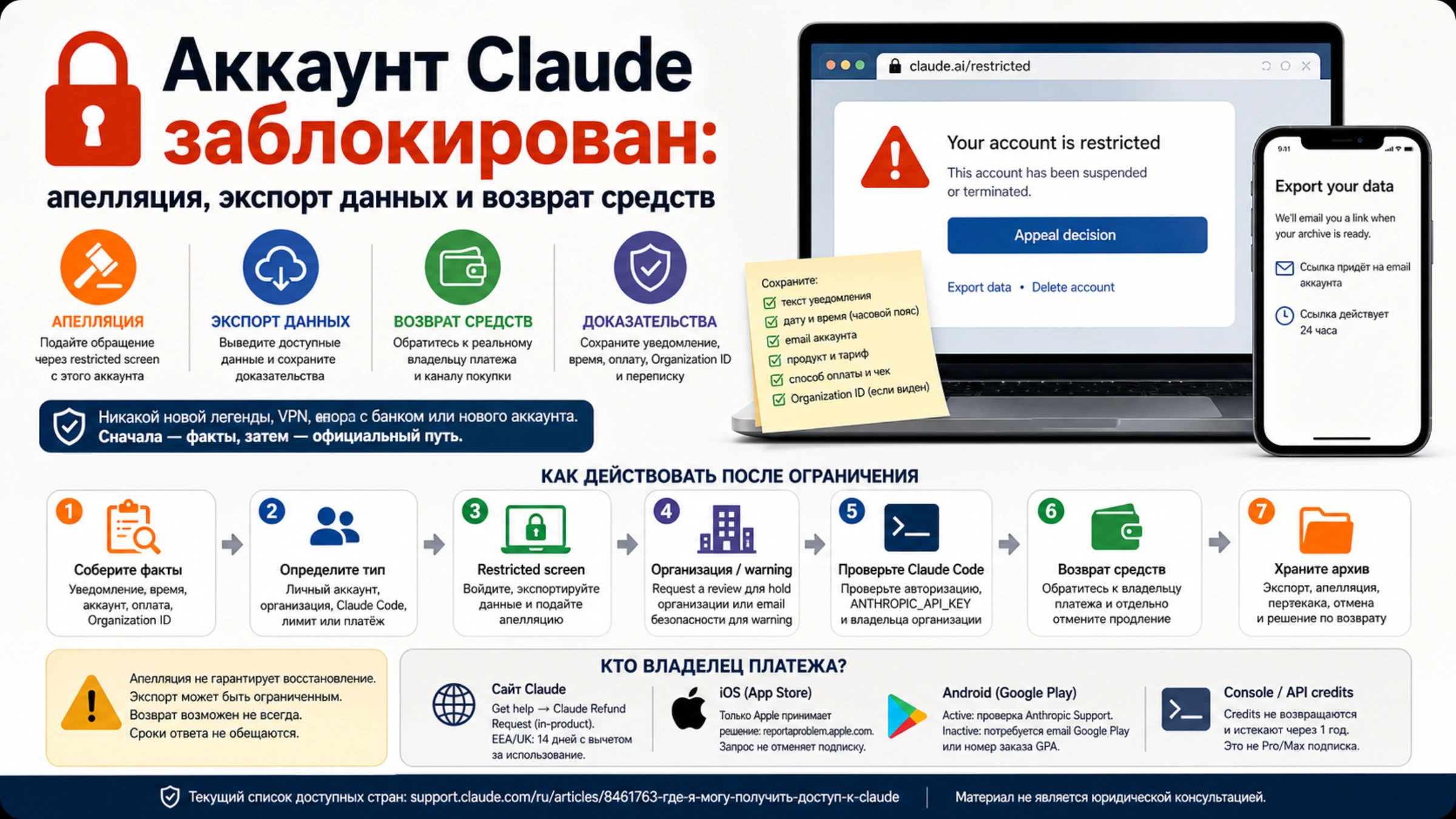 Русская схема действий после блокировки Claude с апелляцией, экспортом, возвратом, доказательствами и семью последовательными шагами