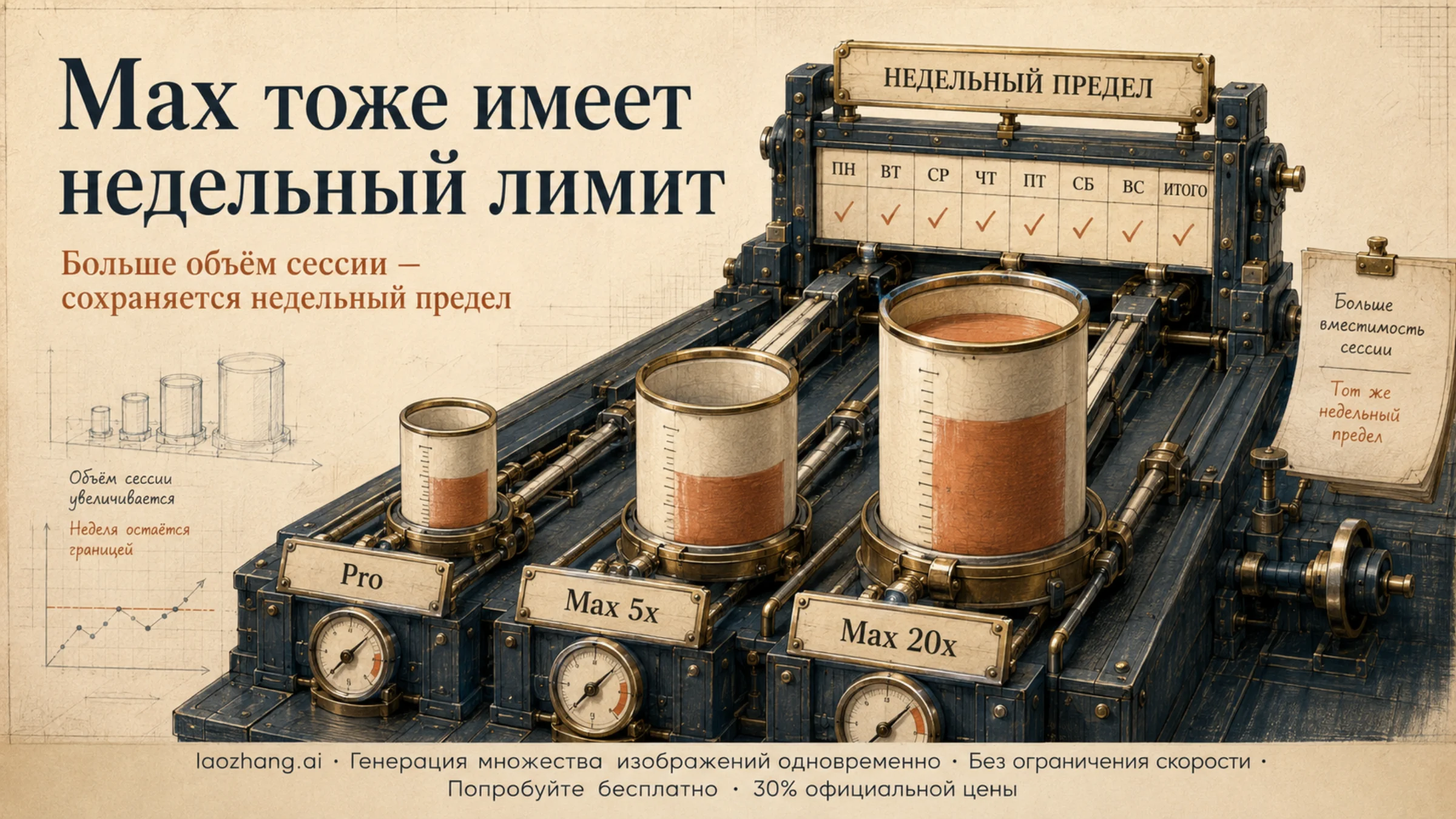 Иллюстрация с измерительными ёмкостями Pro и Max перед недельным календарём