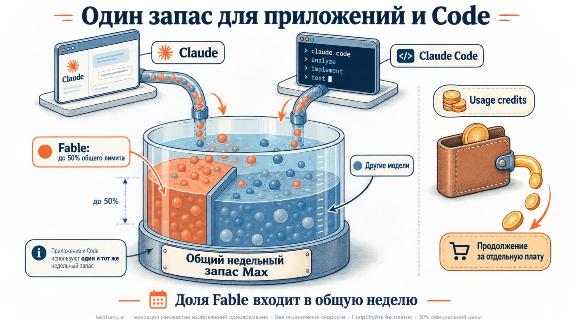 Общий запас Claude и Claude Code с выделенной долей Fable и отдельным кошельком usage credits