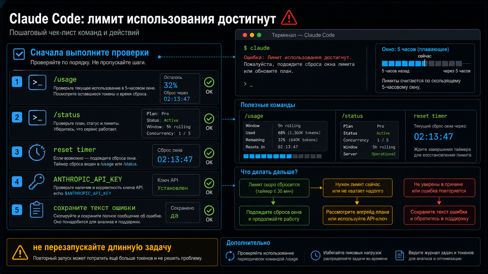 Командный чеклист Claude Code с /usage, /status, reset timer и API key