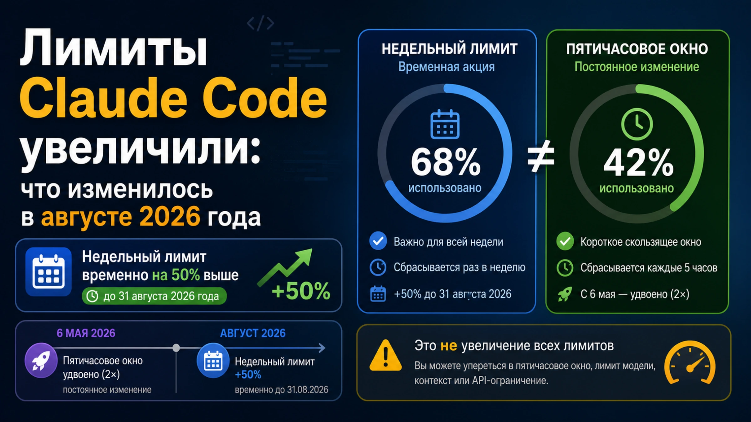 Панель лимитов Claude Code с отдельными недельным и пятичасовым счётчиками