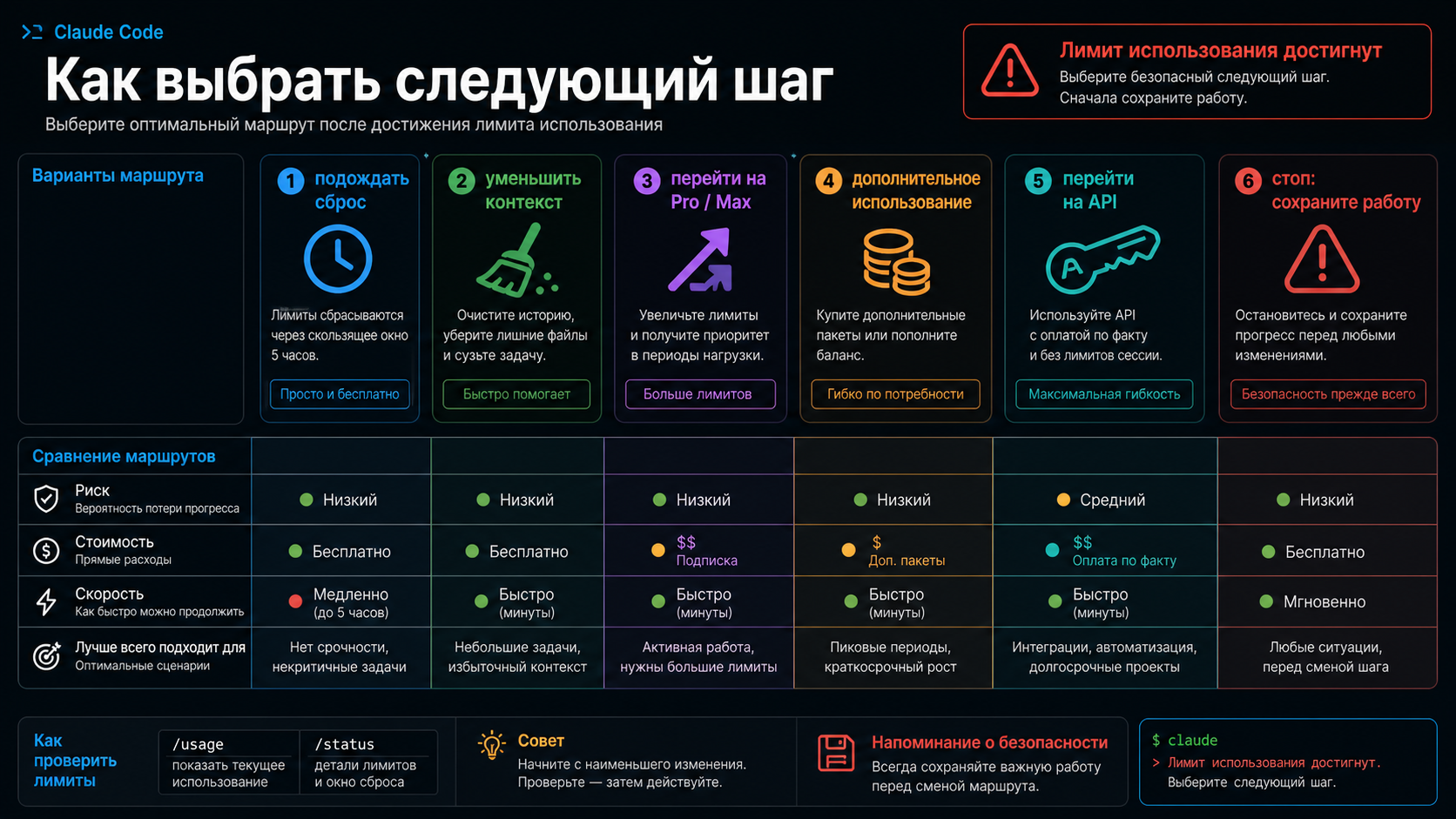 Доска выбора маршрута Claude Code: ждать сброс, сжать контекст, обновить план, включить extra usage или перейти на API