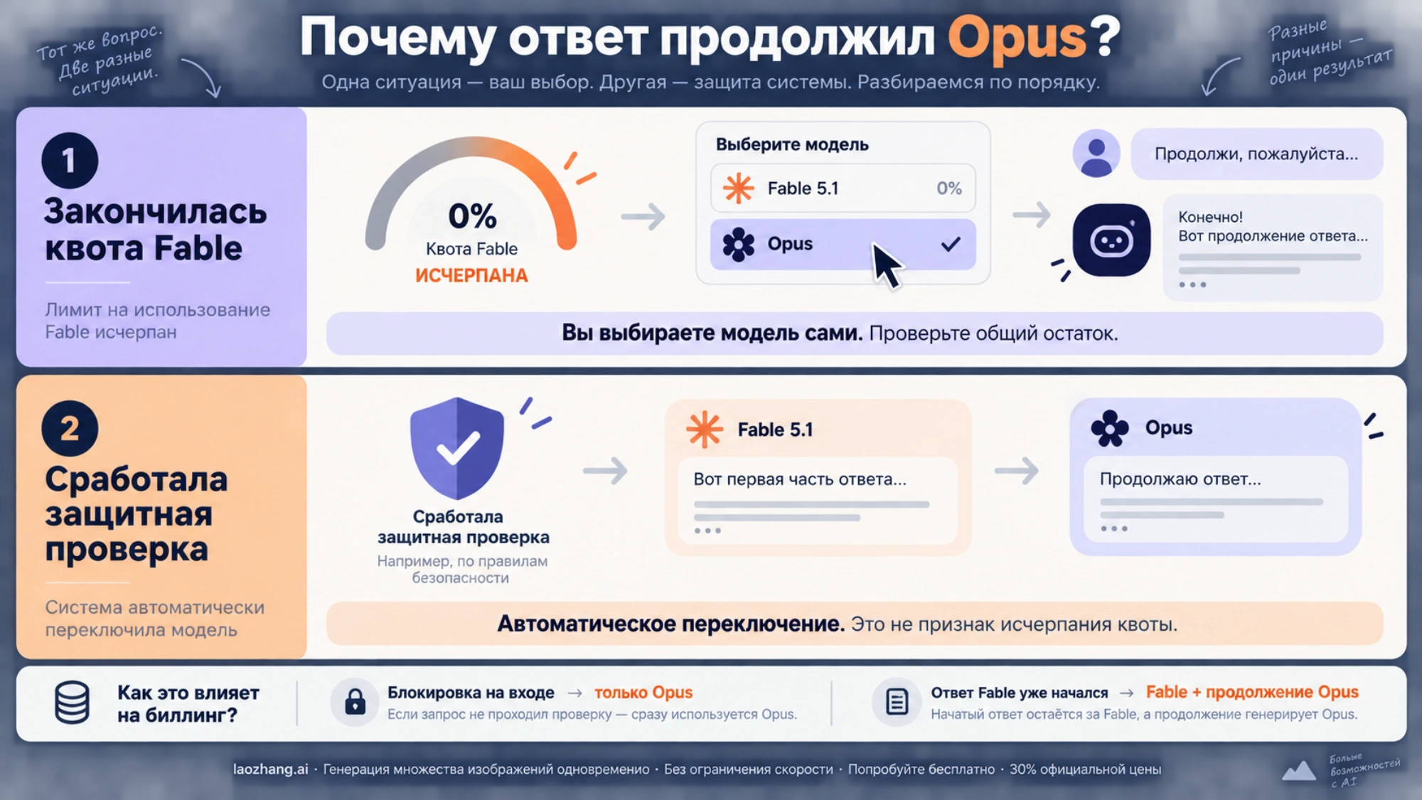 Схема двух причин смены Fable на Opus: исчерпание квоты и срабатывание защитной проверки