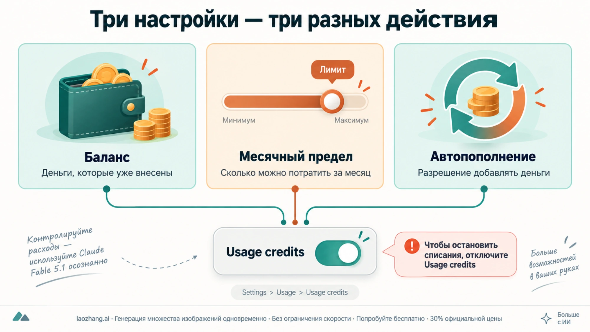 Три настройки оплаты в Claude: предоплаченный баланс, месячный предел расходов и автопополнение