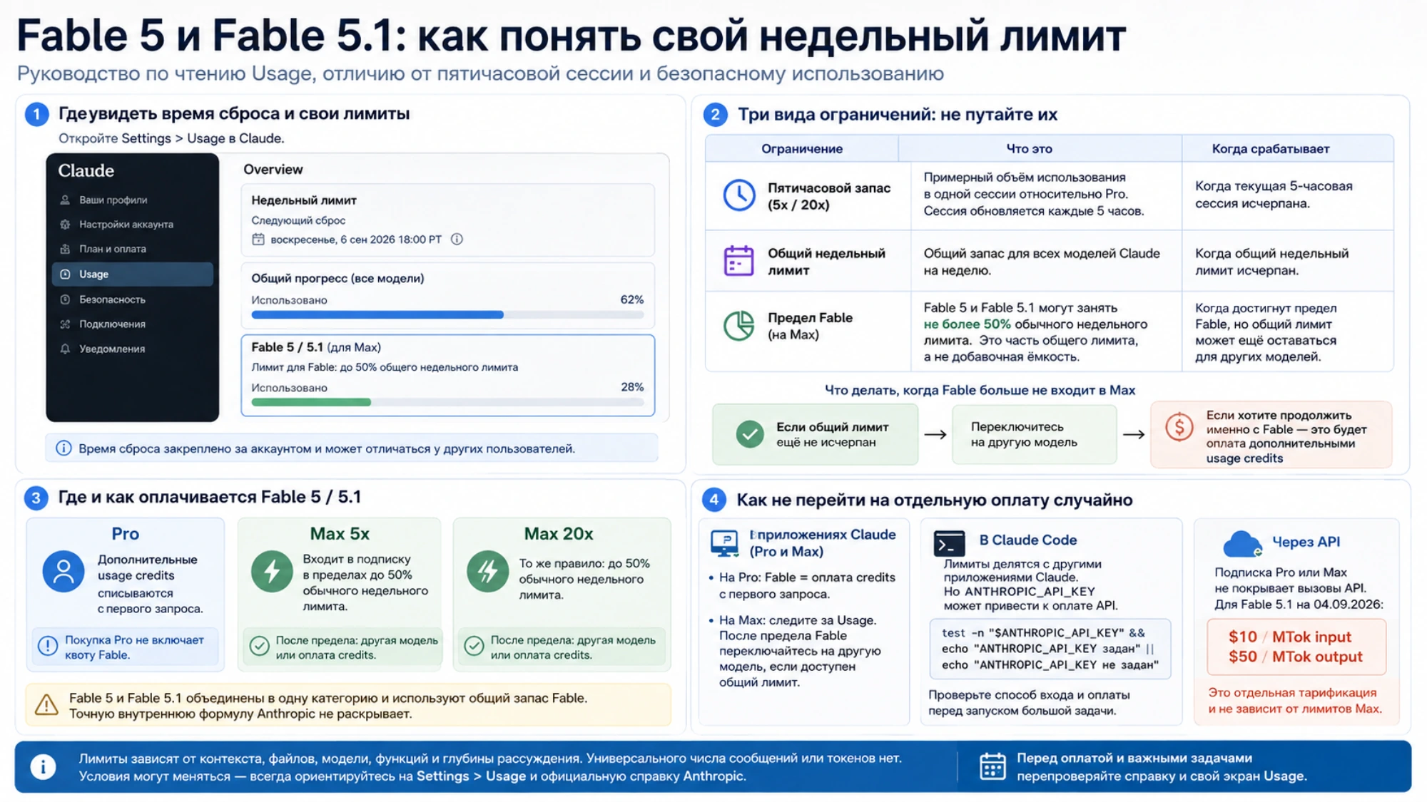 Схема экрана Settings > Usage с общим недельным лимитом и показателем Fable, таблицей трёх ограничений и вариантами оплаты для Pro и Max