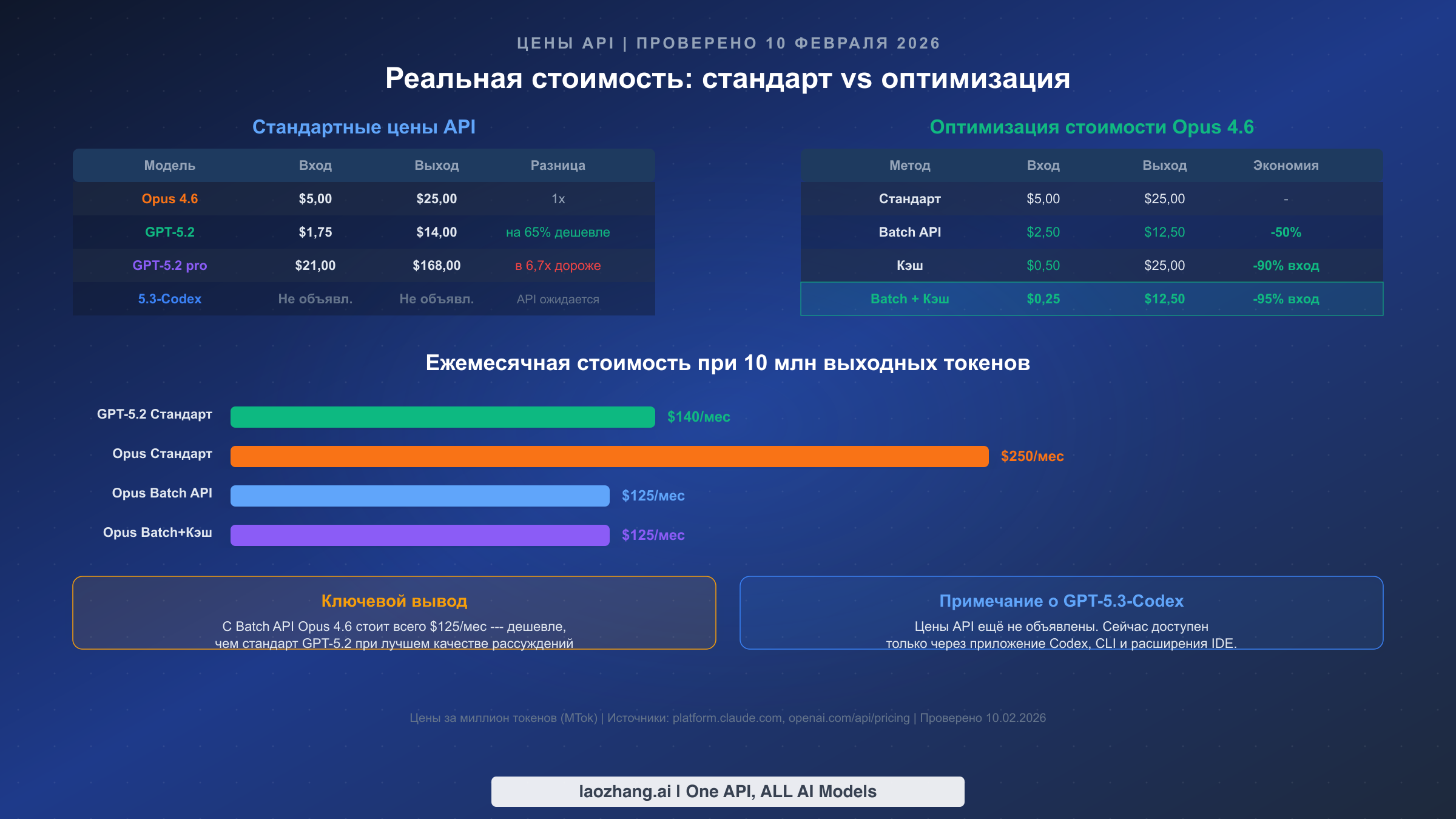 Сравнение цен API со стандартными тарифами и стратегиями оптимизации затрат для Opus 4.6 и GPT-5.2
