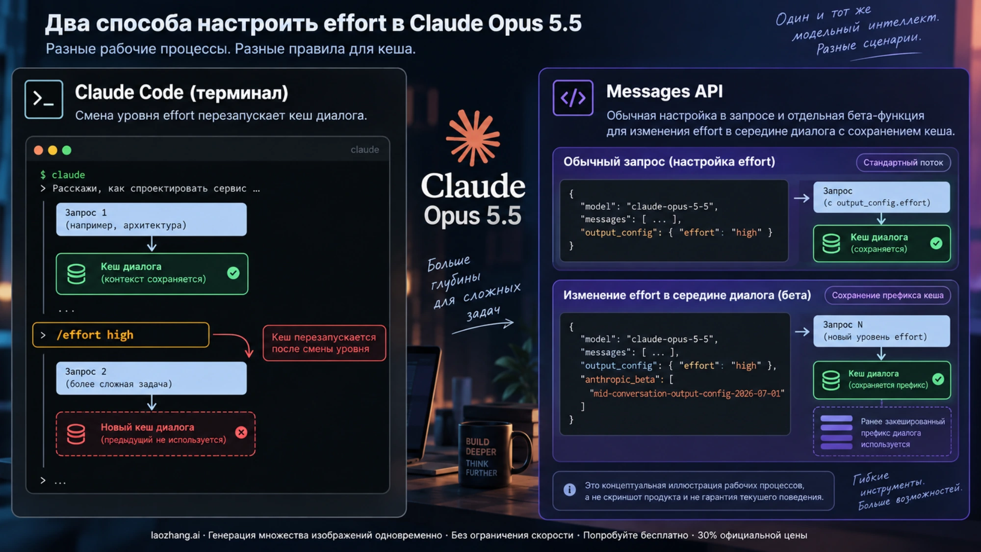 Два способа настройки effort: команда в Claude Code и параметры запроса Messages API с разным поведением кэша