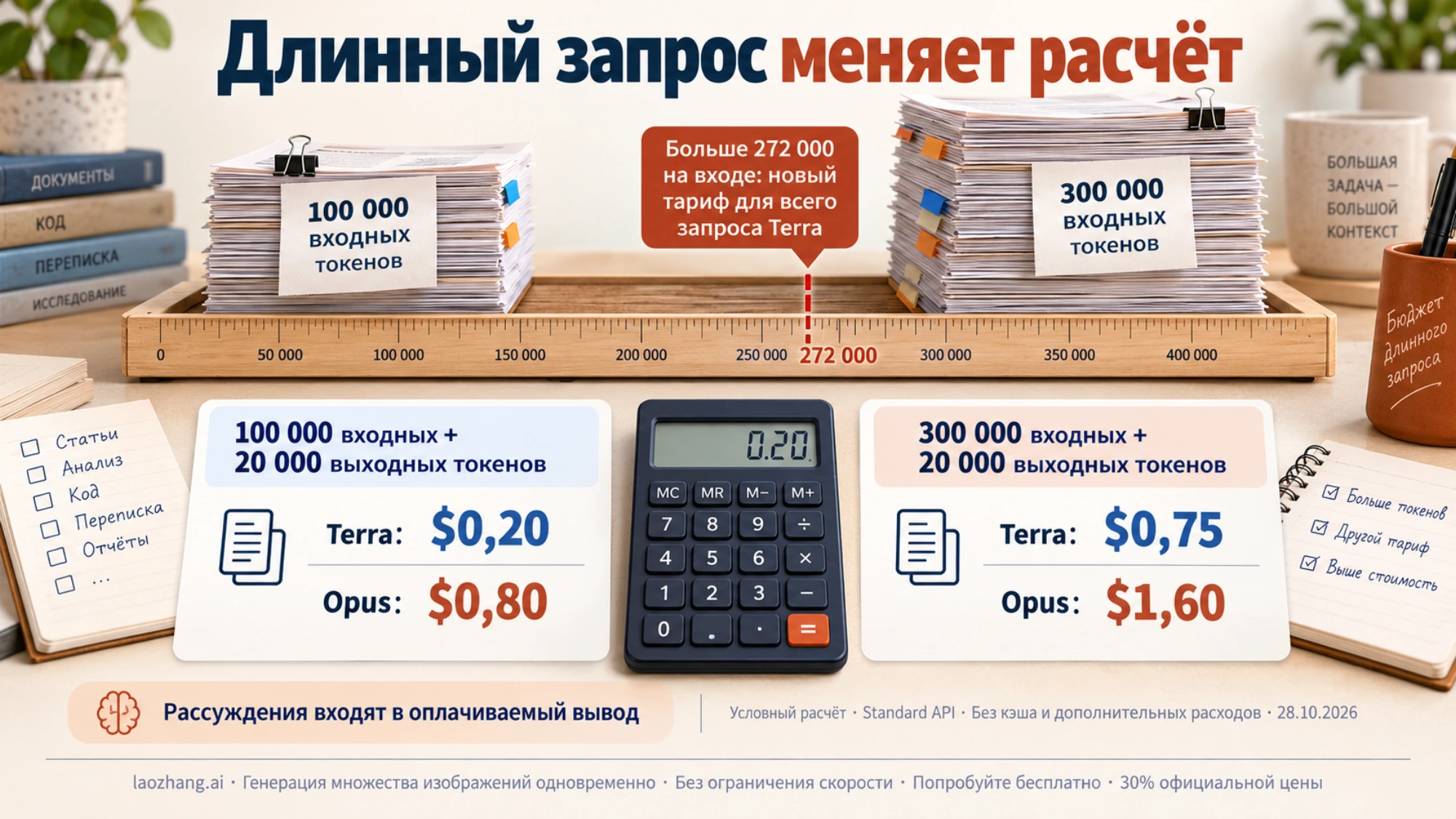 Две стопки документов и калькулятор иллюстрируют сравнение стоимости запросов разной длины
