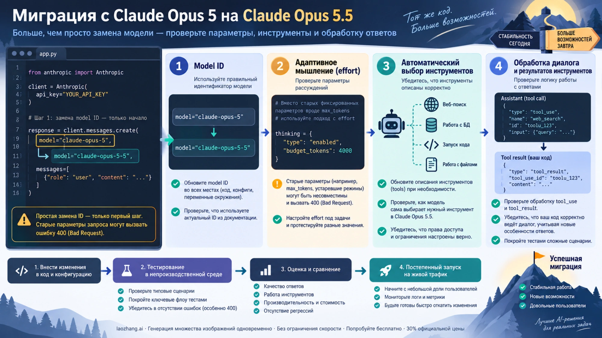 Схема перехода на Claude Opus 5.5 с проверкой ID модели, параметров рассуждения, выбора инструментов и обработки диалога
