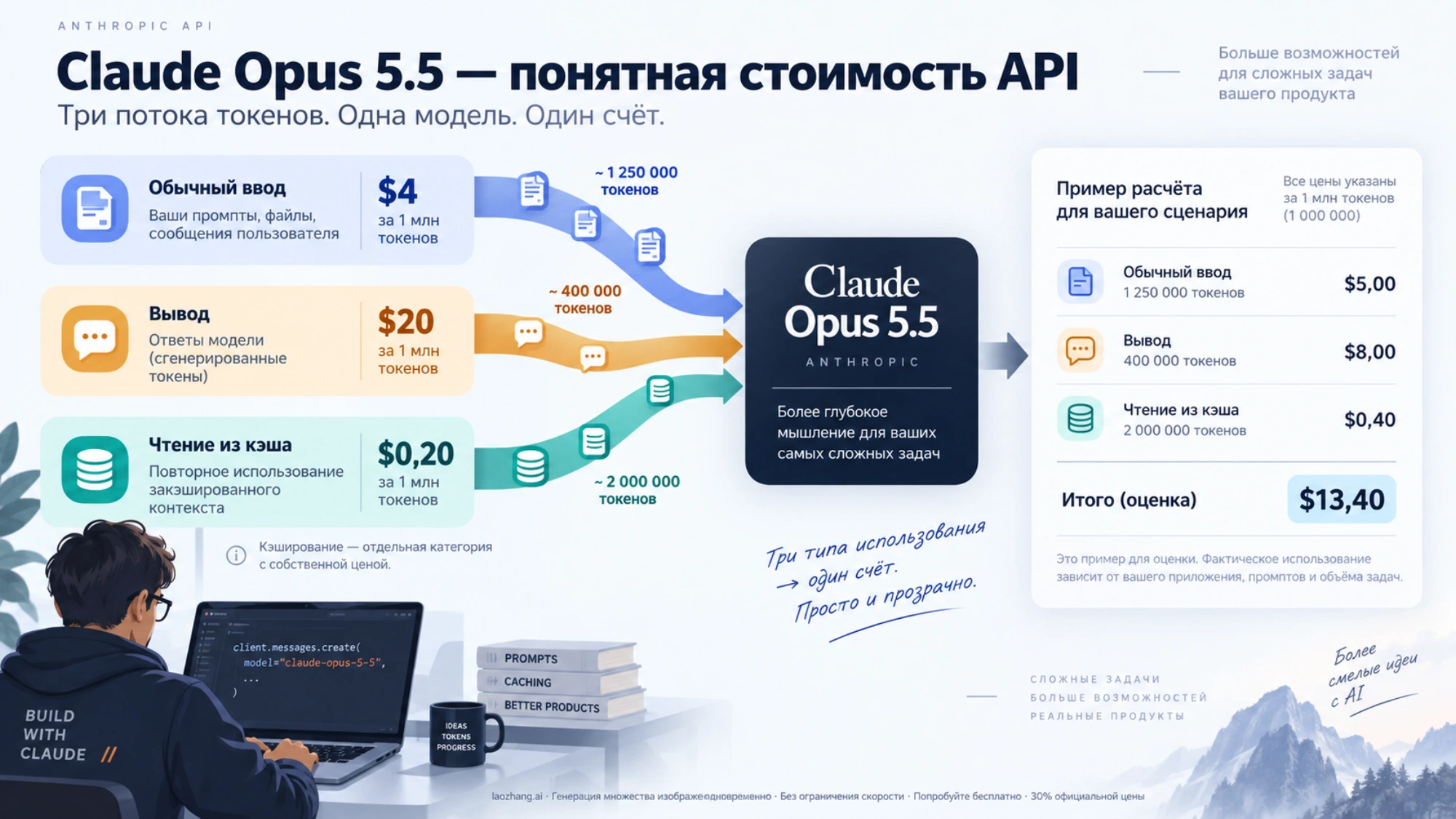 Три отдельные категории расходов Claude Opus 5.5 API: обычный ввод, вывод и чтение из кэша