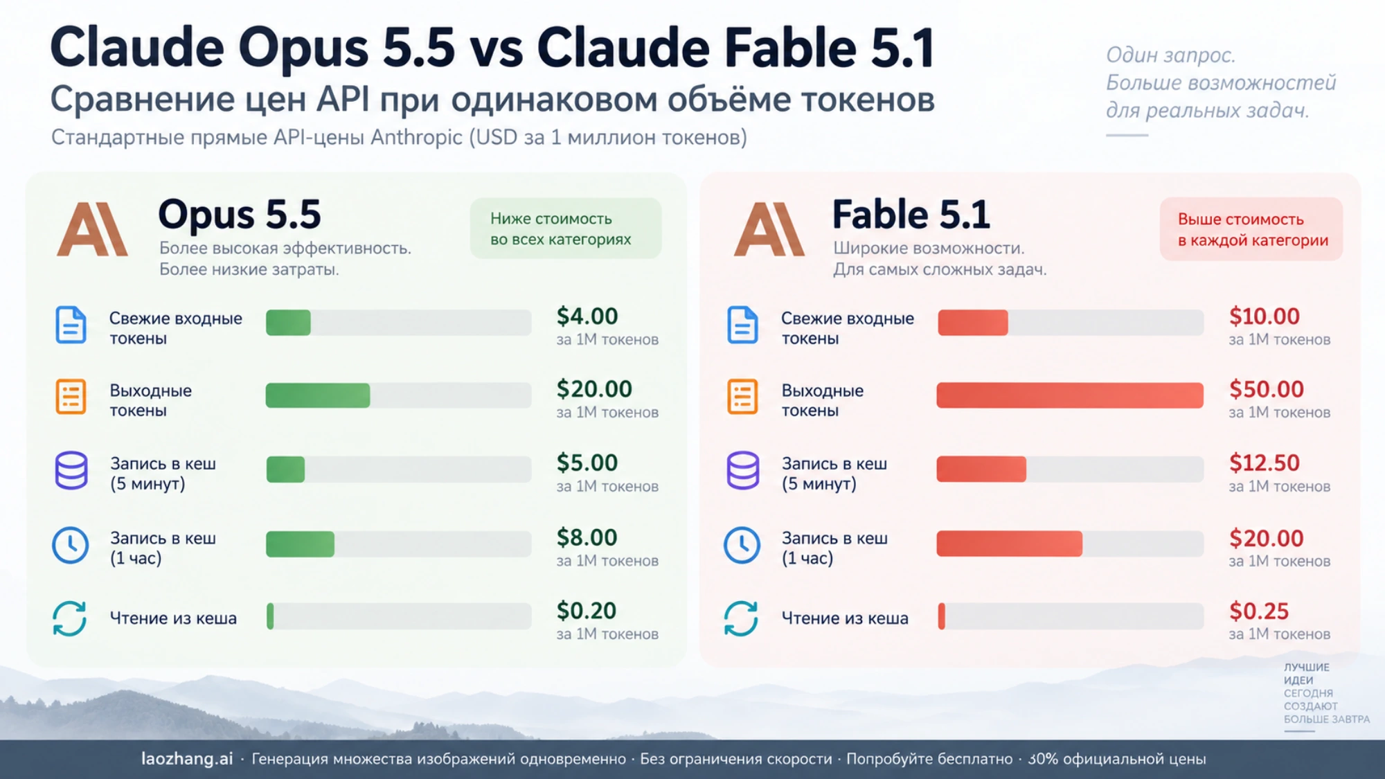 Сопоставление стандартных ставок Opus 5.5 и Fable 5.1 за ввод, вывод, запись и чтение кэша