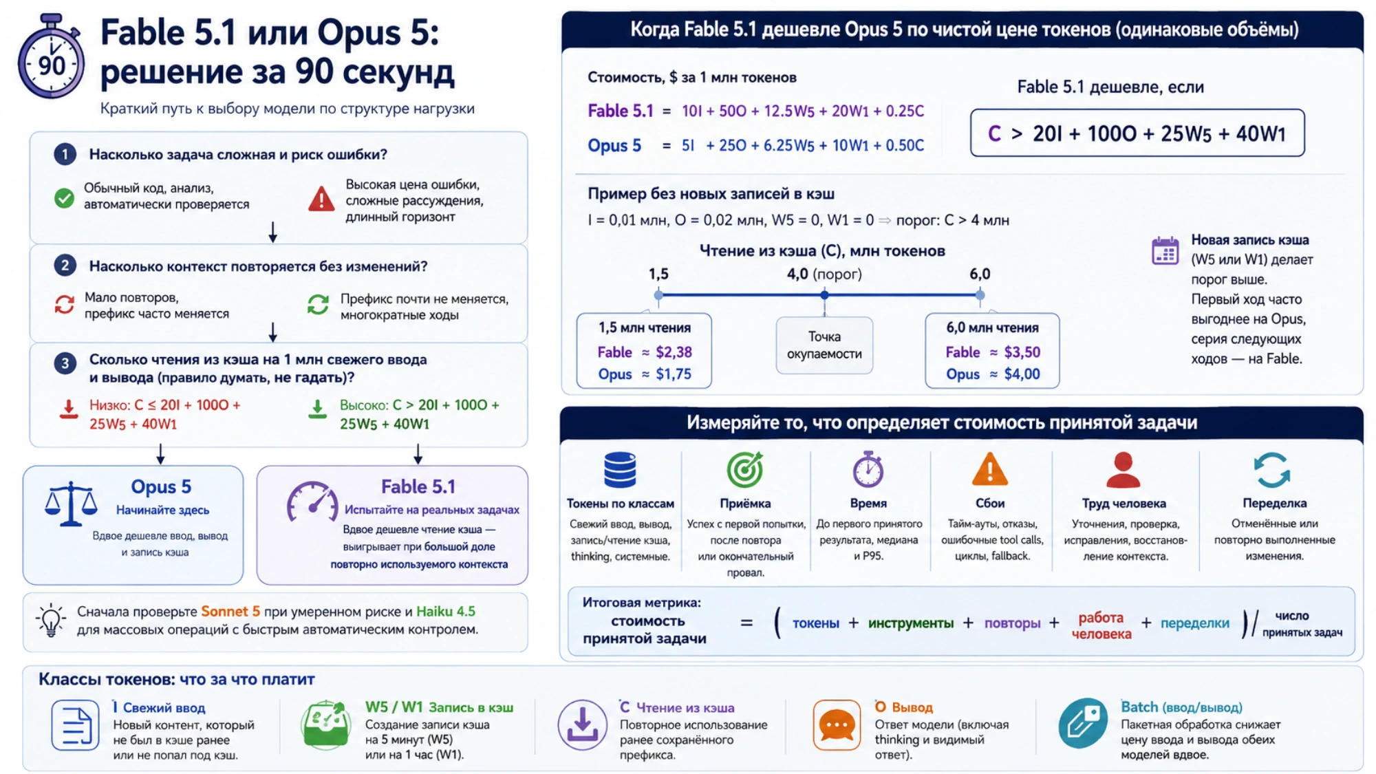 Выбор Fable 5.1 или Opus 5 за 90 секунд по риску задачи, повторяемости контекста, порогу кэша и стоимости принятой работы