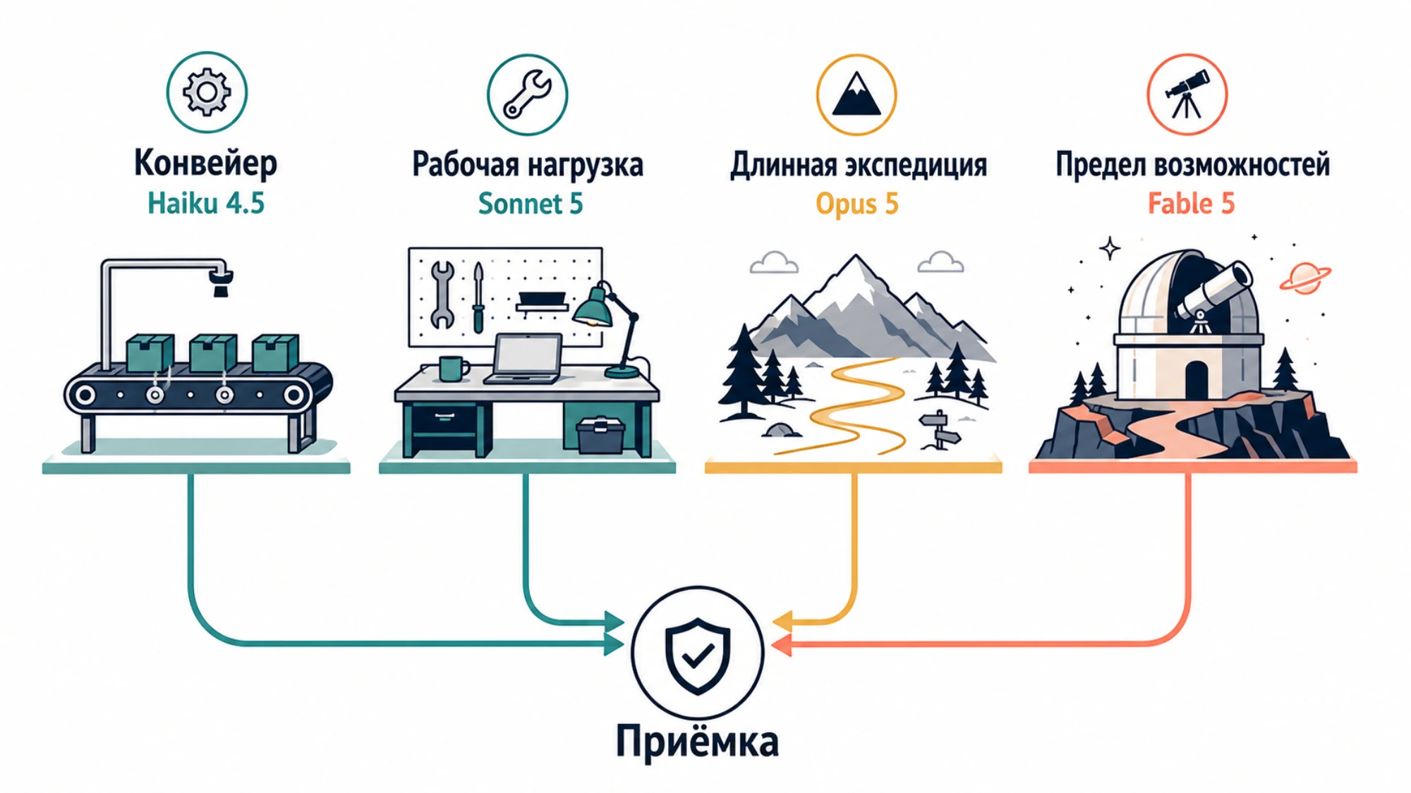 Четыре профиля нагрузки ведут к общей приёмке, а не образуют рейтинг моделей