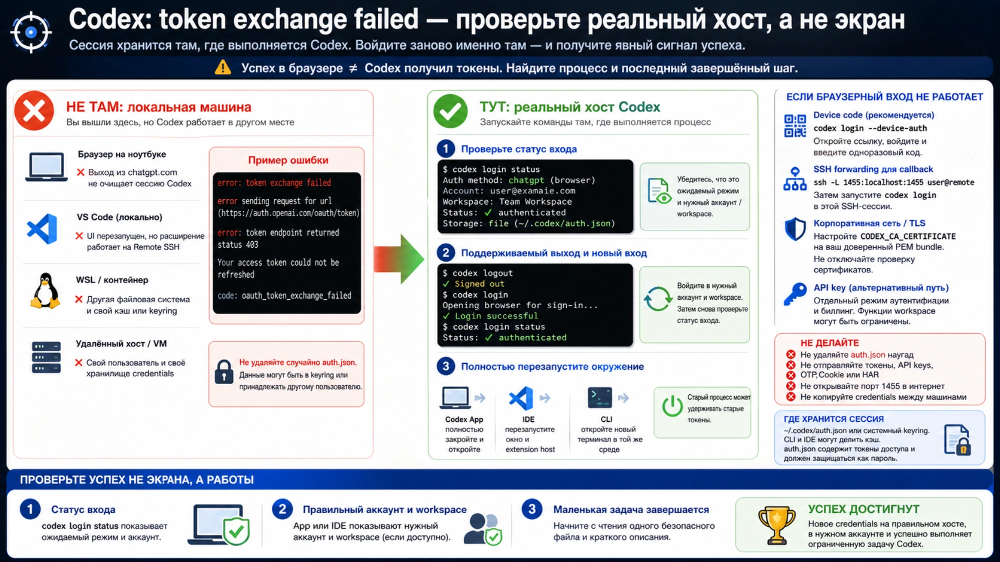 Русская схема повторной аутентификации на правильном хосте Codex с командами status logout login, перезапуском App IDE CLI, вариантами device code SSH и корпоративного TLS и тремя доказательствами восстановления