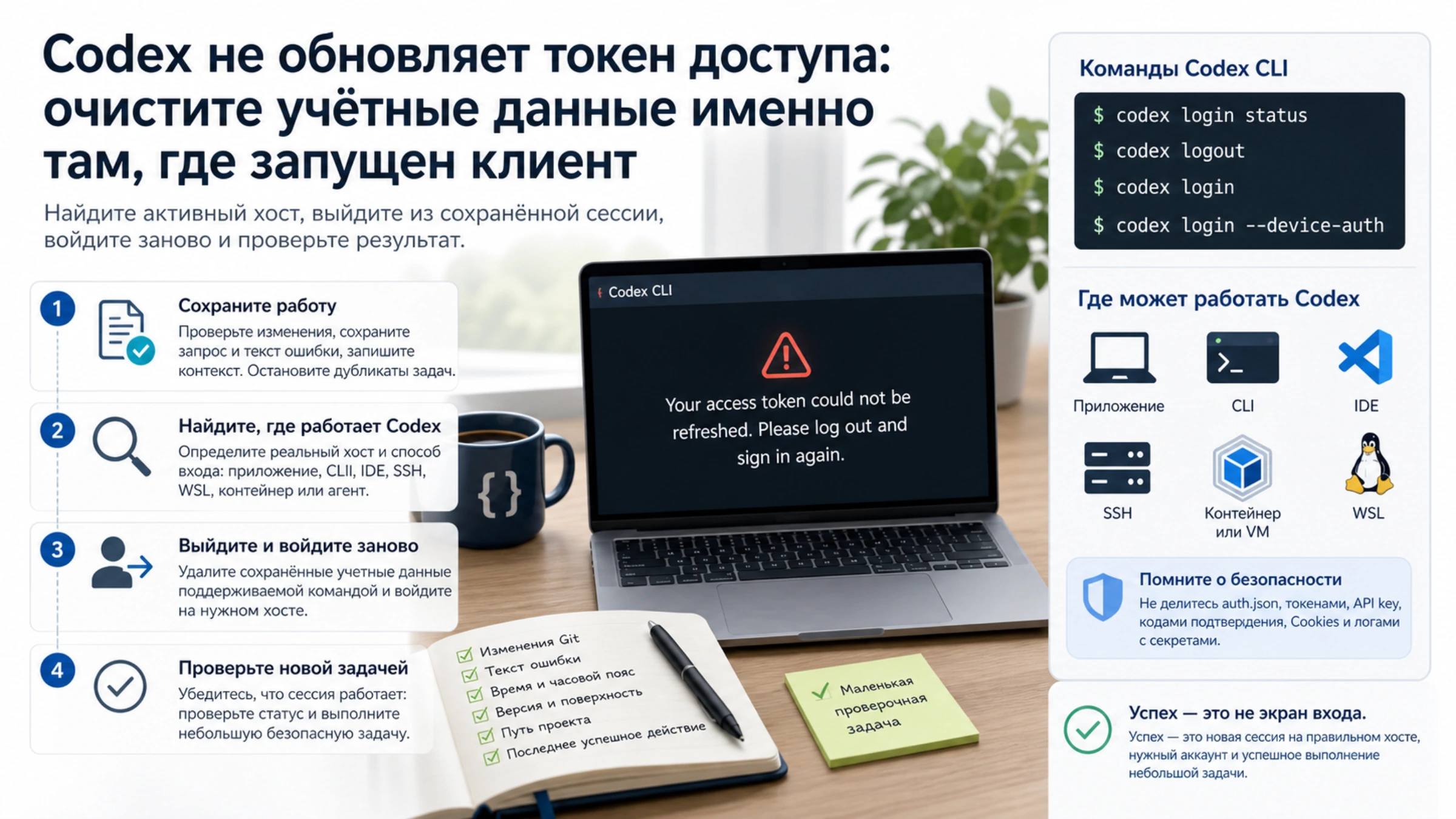 Безопасный путь восстановления Codex после ошибки обновления токена: сохранить работу, найти хост, войти заново и проверить задачу