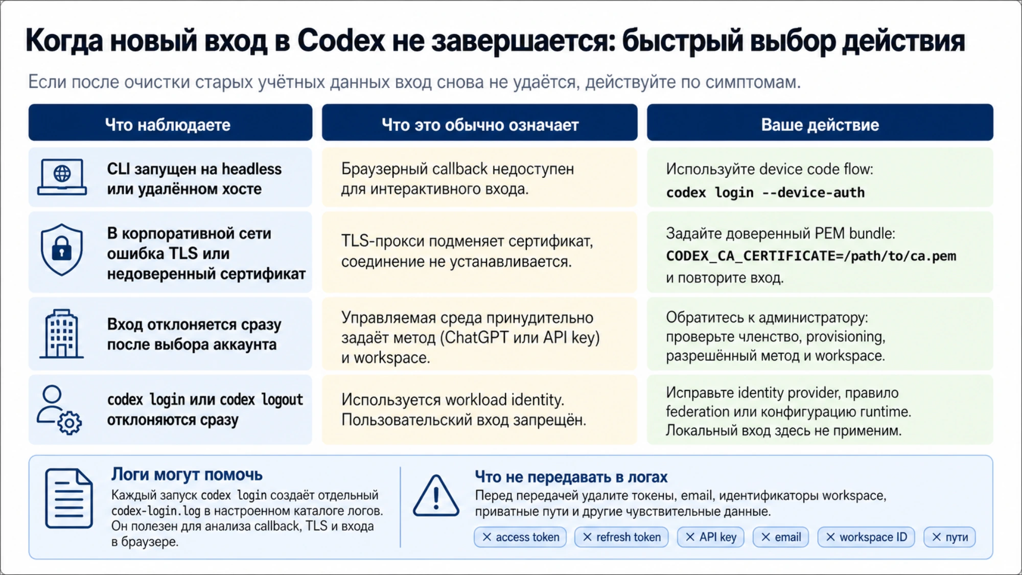 Выбор действия, когда новый вход в Codex не завершается: device auth, корпоративный TLS, управляемый workspace и workload identity