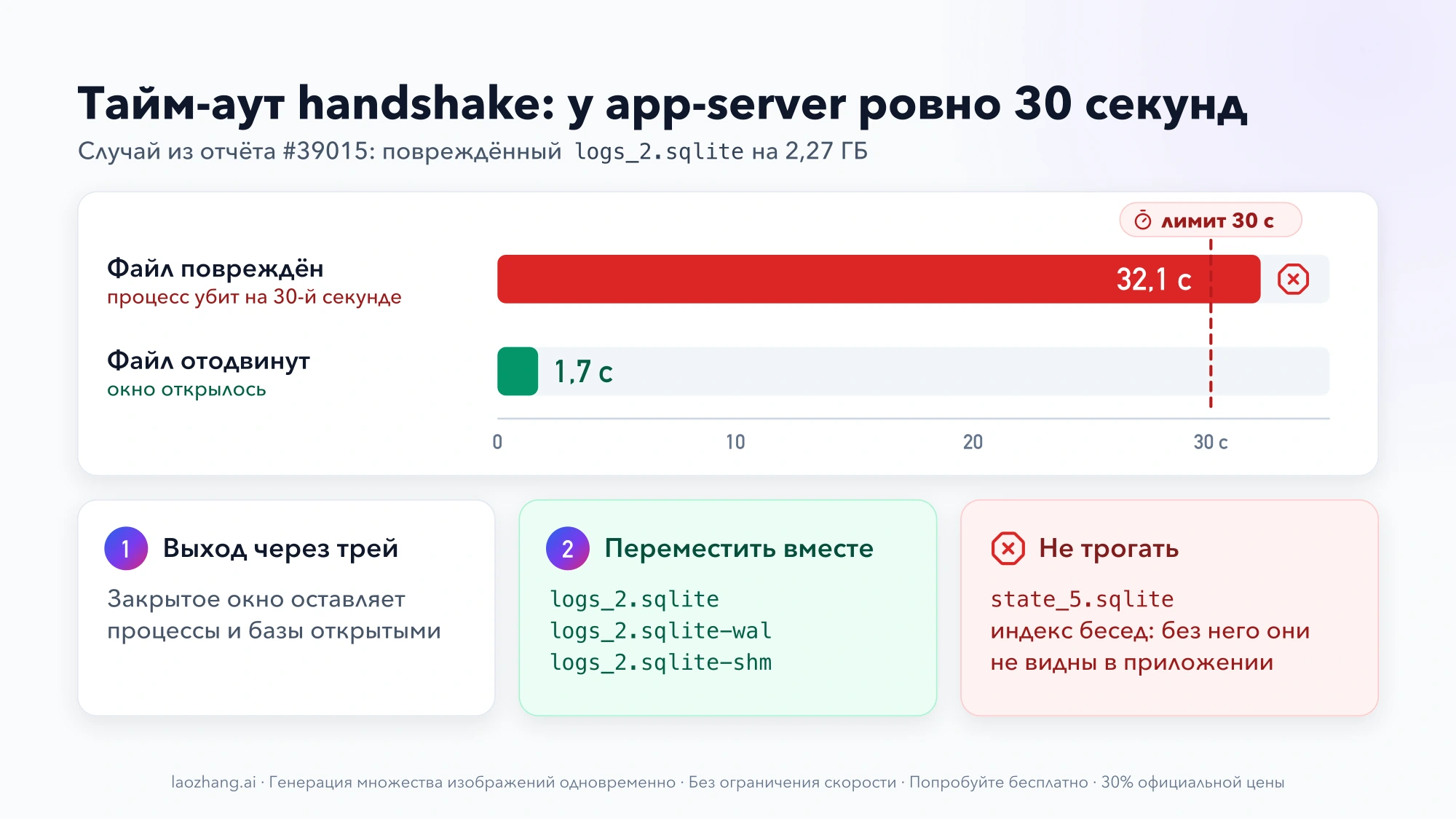 График: с повреждённым logs_2.sqlite запуск длится 32,1 секунды и обрывается на лимите 30 секунд, после переноса файла окно открывается за 1,7 секунды; ниже три шага — выход через трей, перенос трёх файлов logs_2 и запрет трогать state_5.sqlite